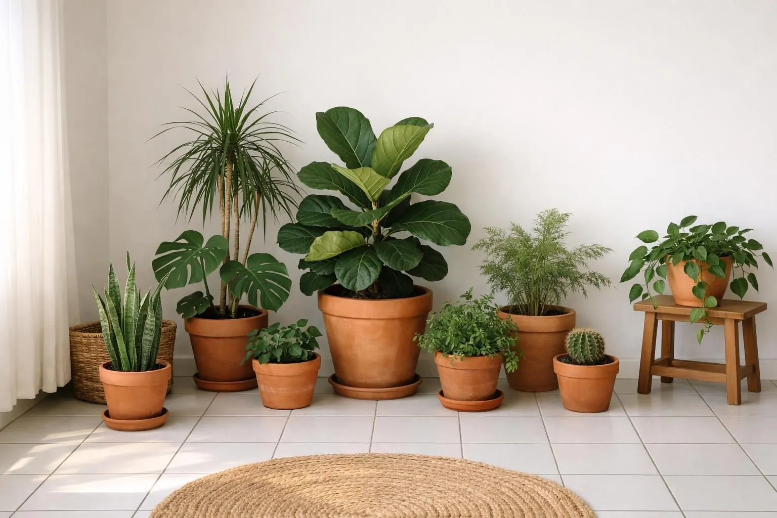 Assortment of lush, potted indoor plants on tiled floor.