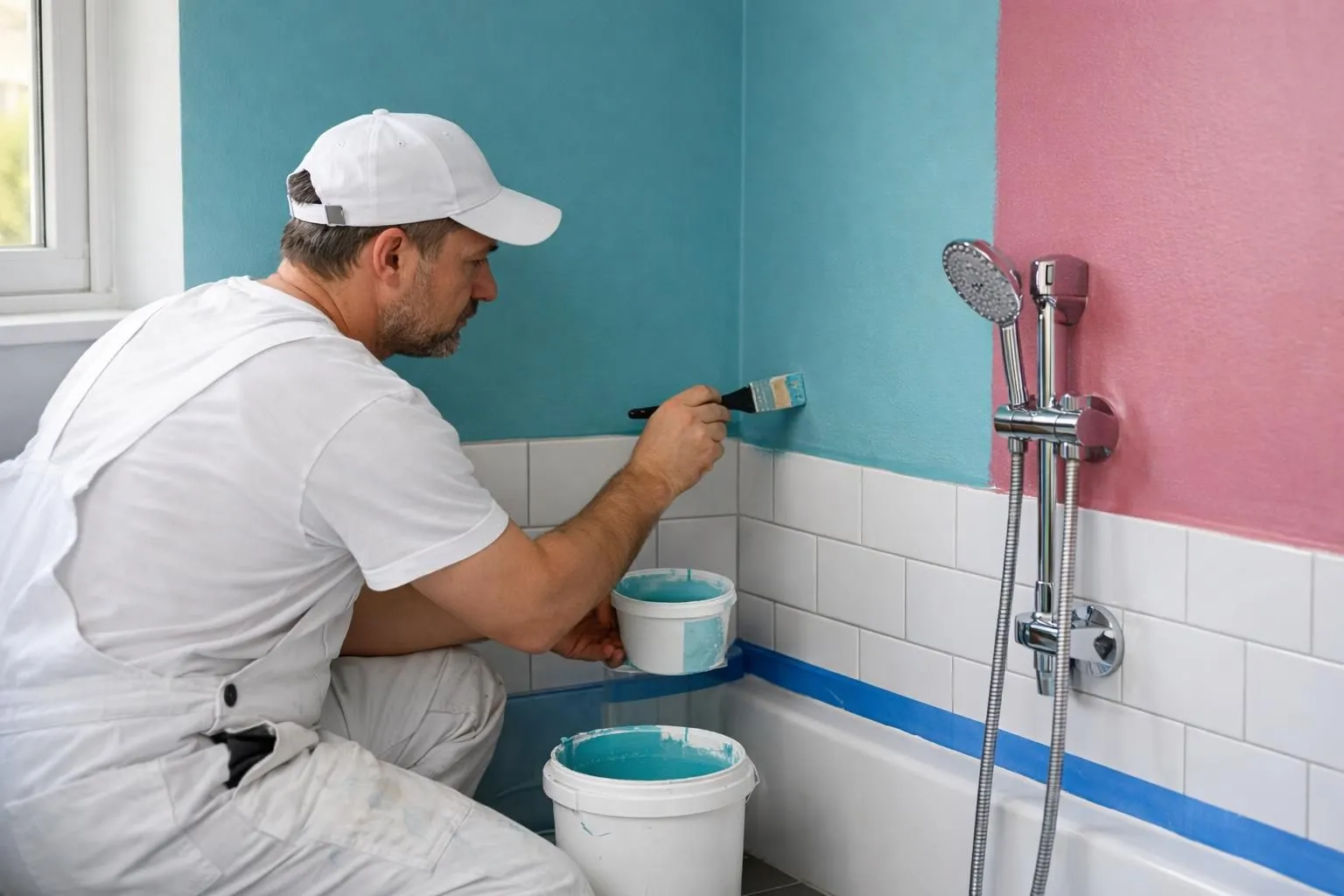 A man in a white cap painting a bathroom wall.