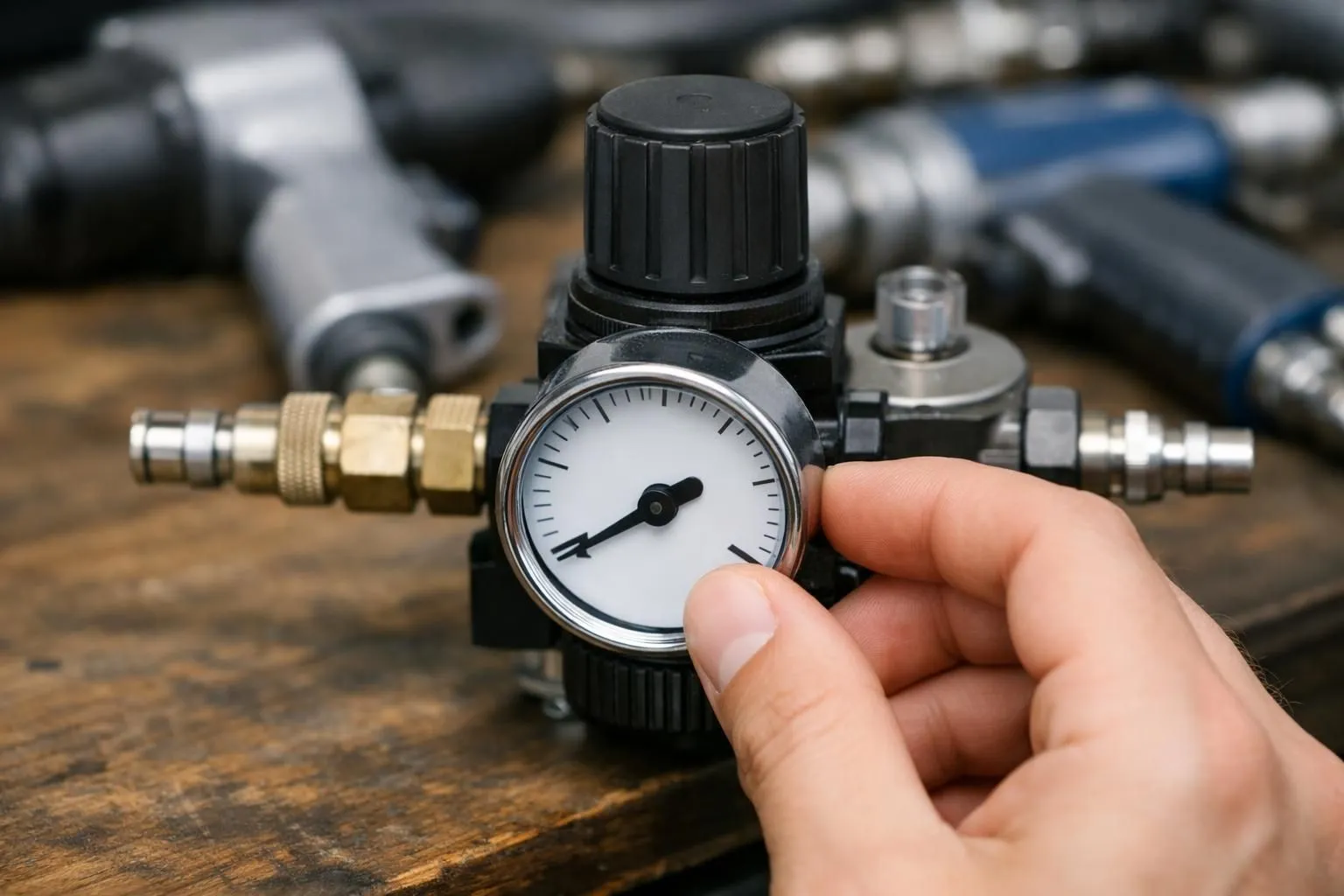 Workshop scene showing an air compressor pressure gauge with a hand adjusting the regulator dial, surrounded by pneumatic tools on a workbench, professional lighting highlighting the technical details and pressure readings