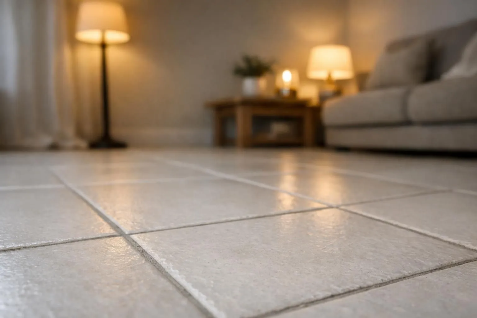Cozy living room with tiled floor, lamps, and side table.