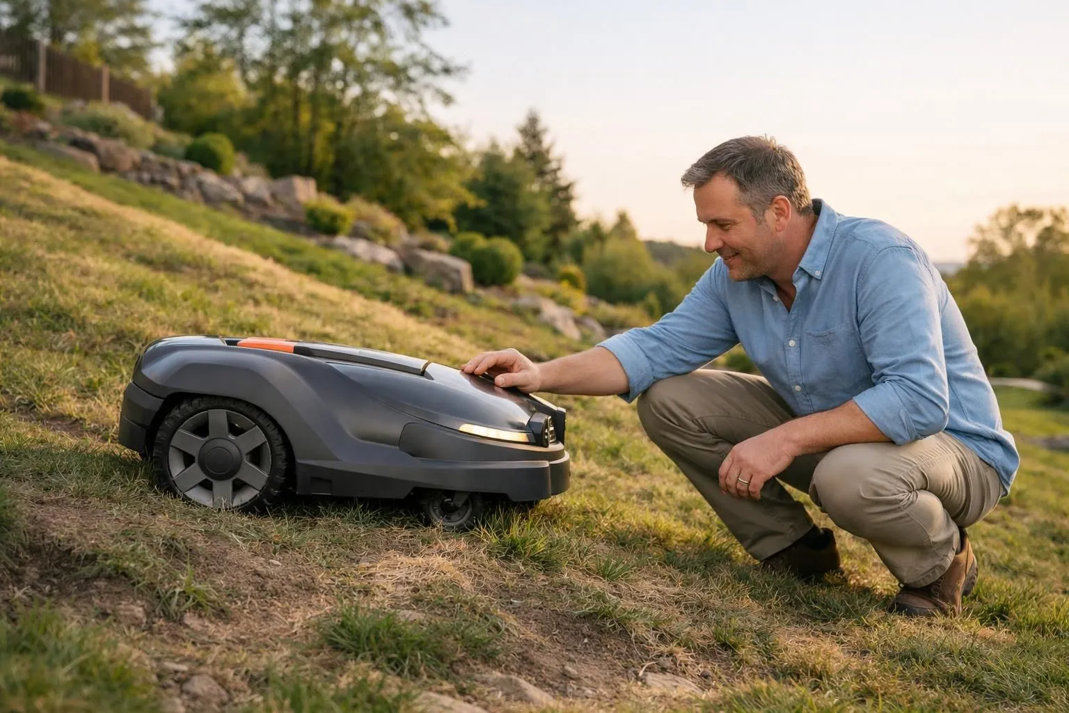 Man operating robotic lawn mower in scenic outdoor setting.