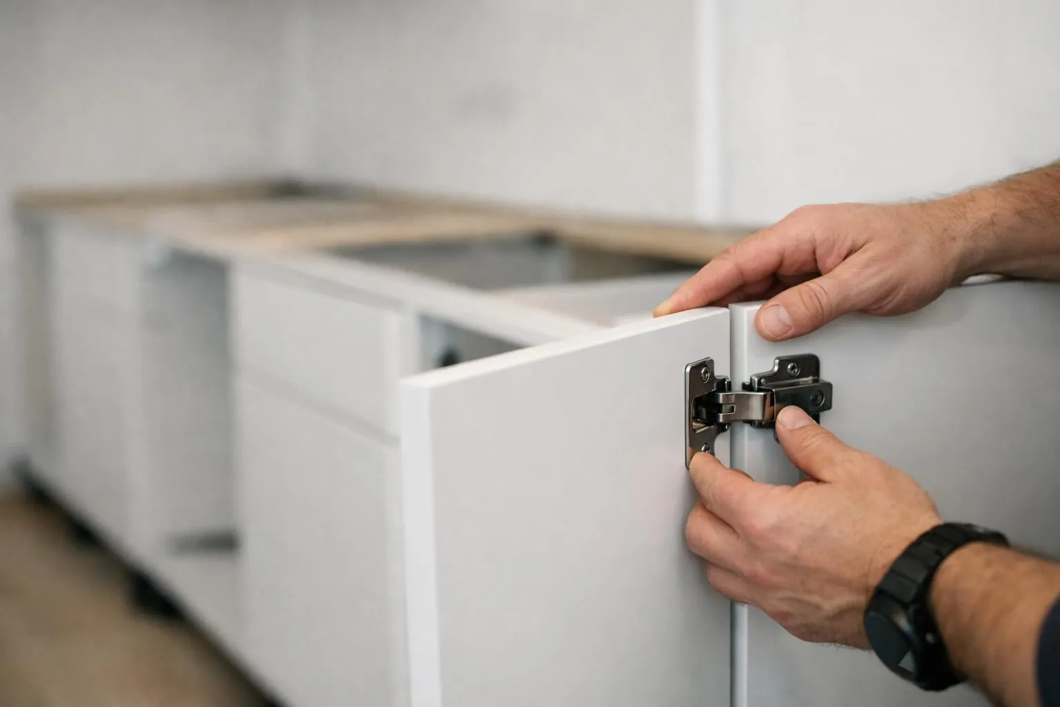 Prix installation cuisine équipée IKEA 2026: des mains professionnelles assemblent un meuble de cuisine moderne.