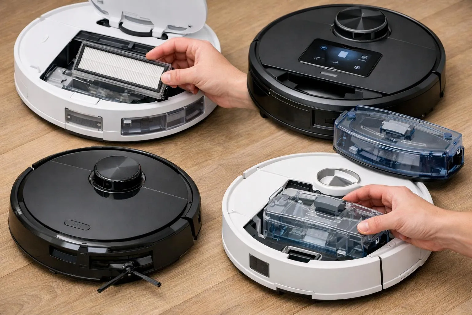 Quatre aspirateurs robots laveurs pas chers, de différentes marques, prêts à nettoyer.