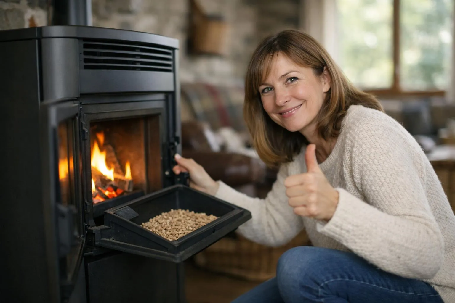 Avis poêle à granulés économique - femme vérifiant son appareil de chauffage dans un salon rustique