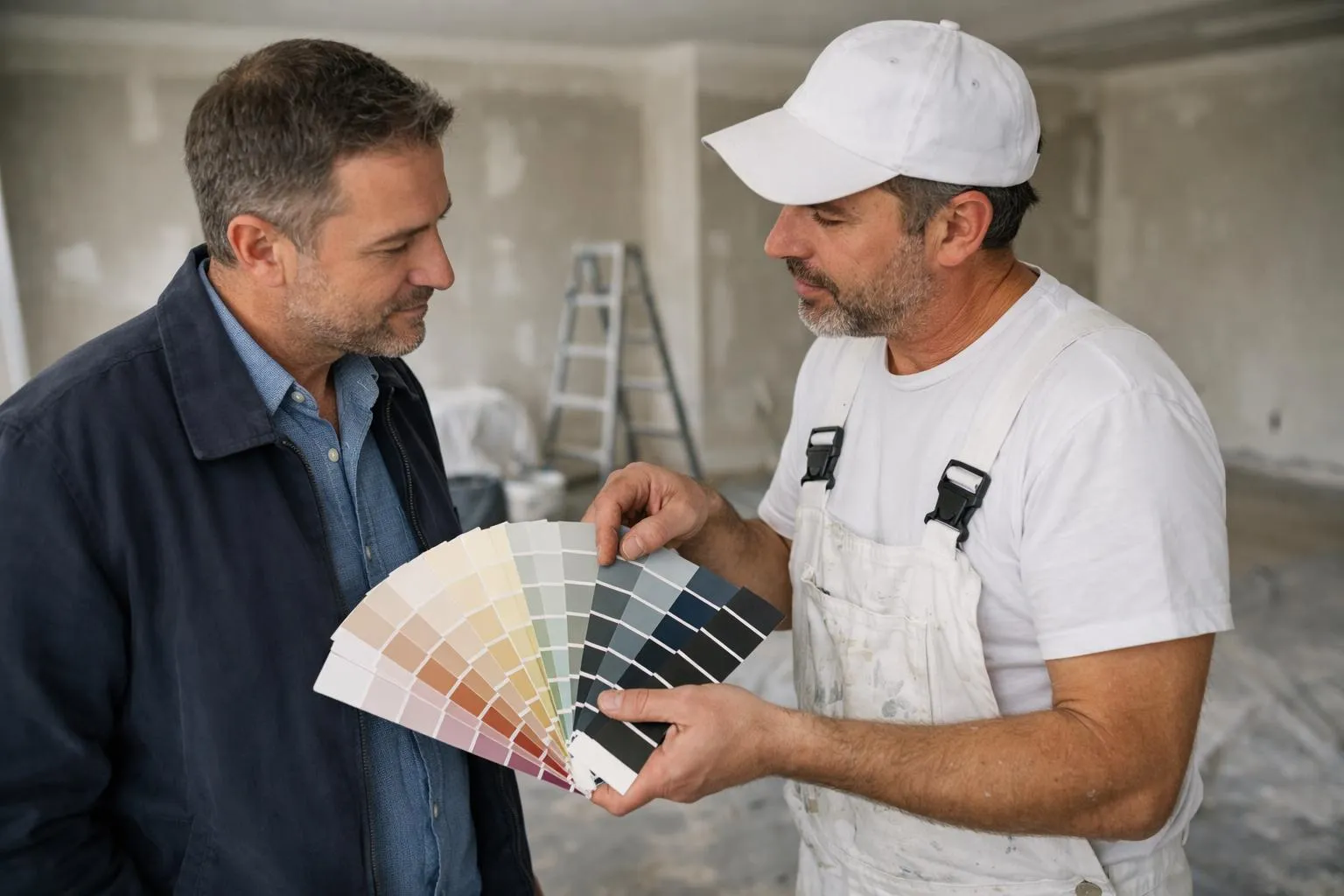 "Choisir un artisan peintre : un client discute avec un professionnel sur un chantier de rénovation pour choisir les couleurs