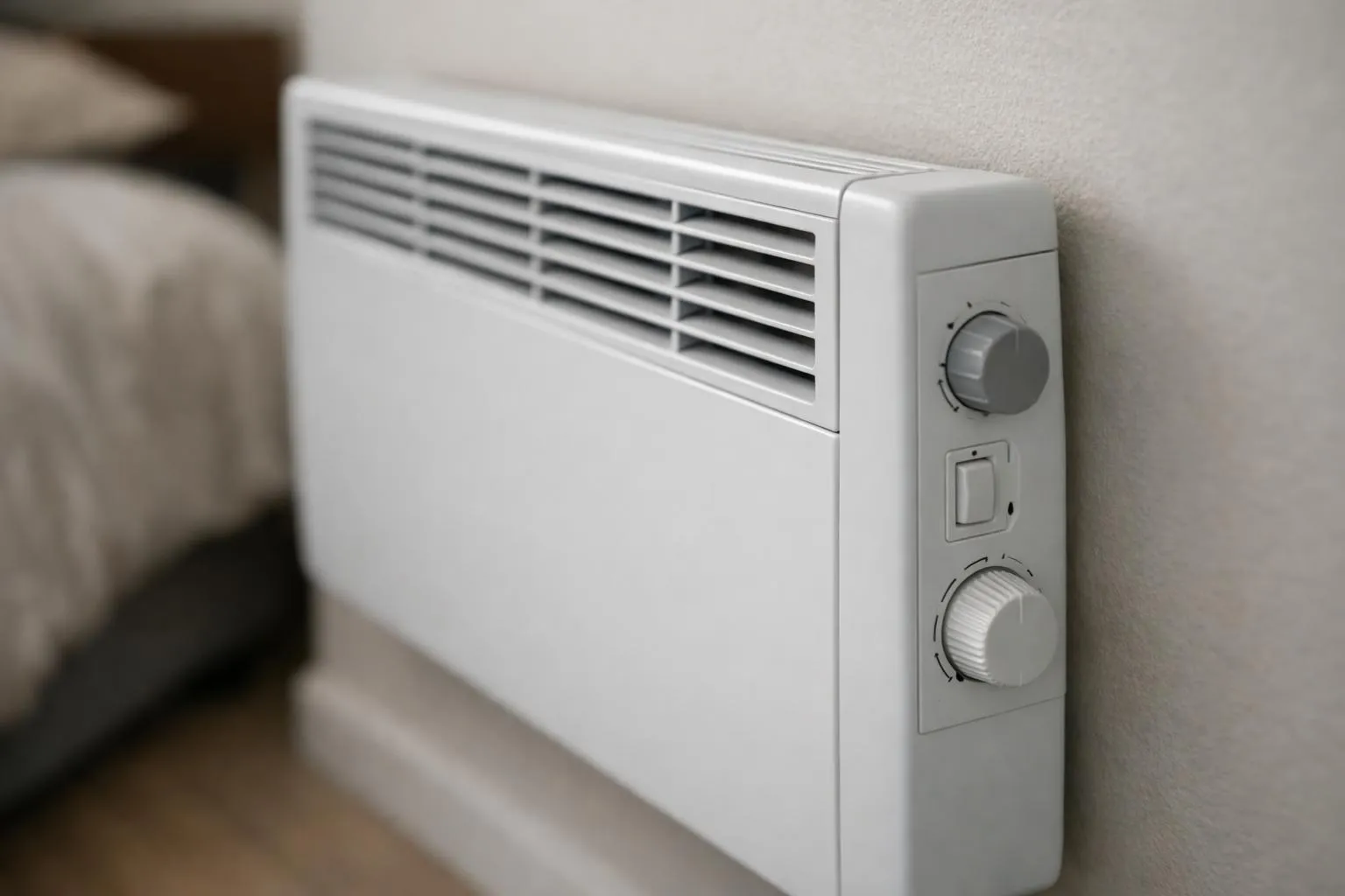 Quel radiateur électrique choisir pour une chambre - Radiateur électrique mural avec détails des boutons et grille de ventila