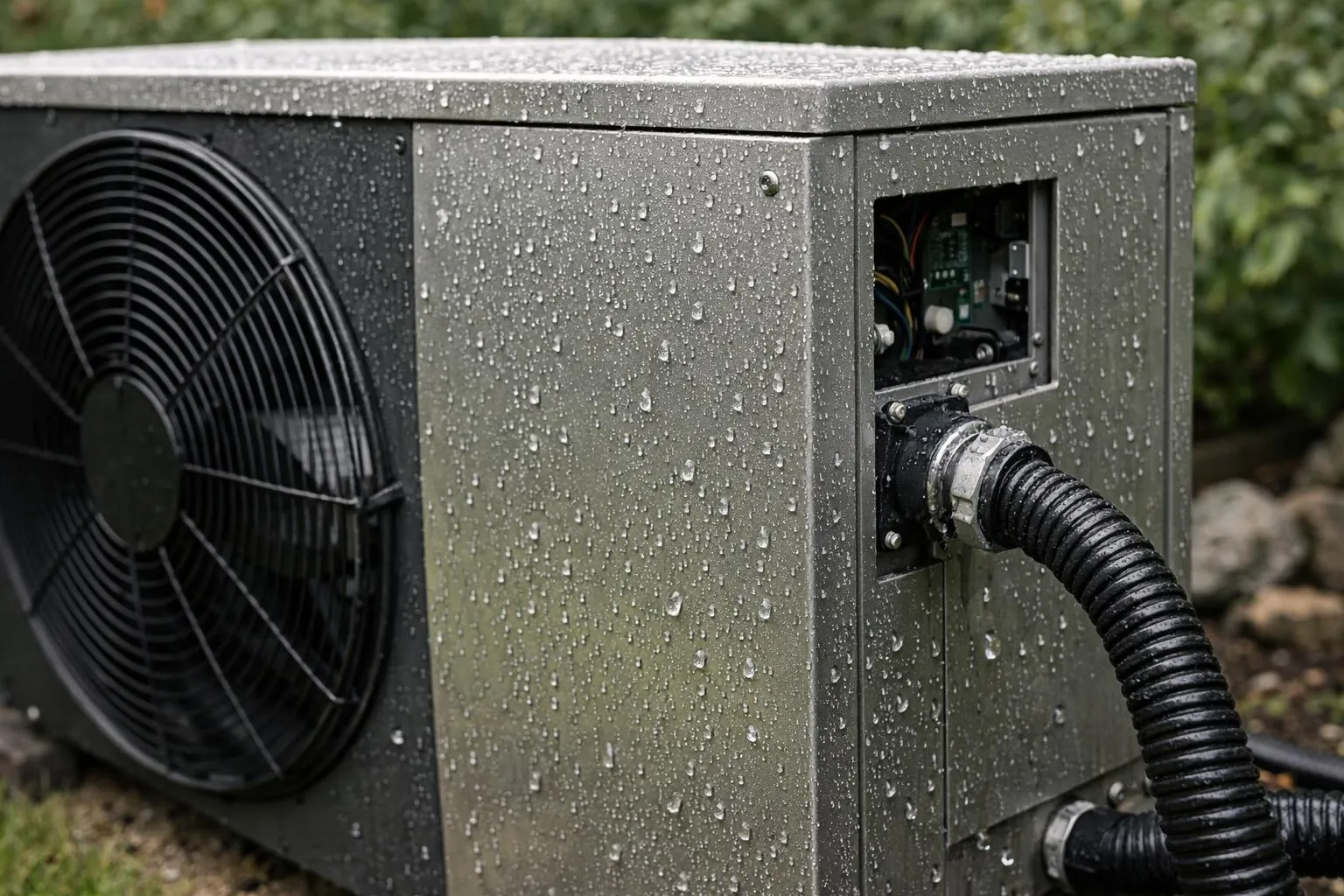 Pompe à chaleur air-eau extérieur avec composants métalliques et tuyau flexible