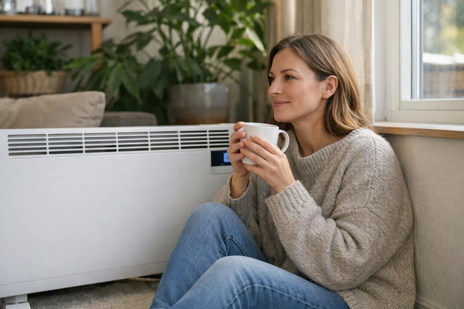 Femme près d'un radiateur économique avec tasse de thé, dans un salon chaleureux