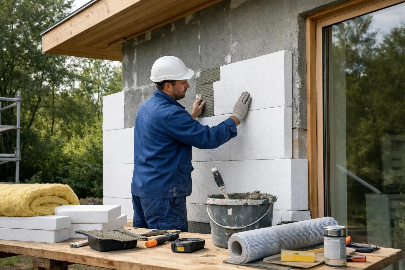 Prix isolation extérieure maison neuve - ouvrier en train d'isoler une façade