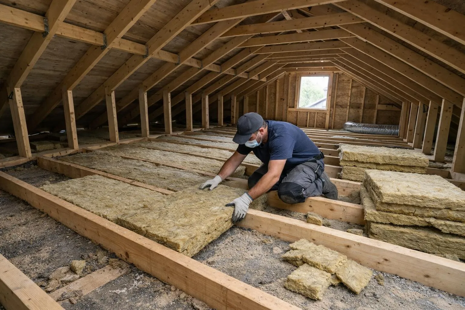 Isolation de combles perdus avec laine minérale dans une maison en construction