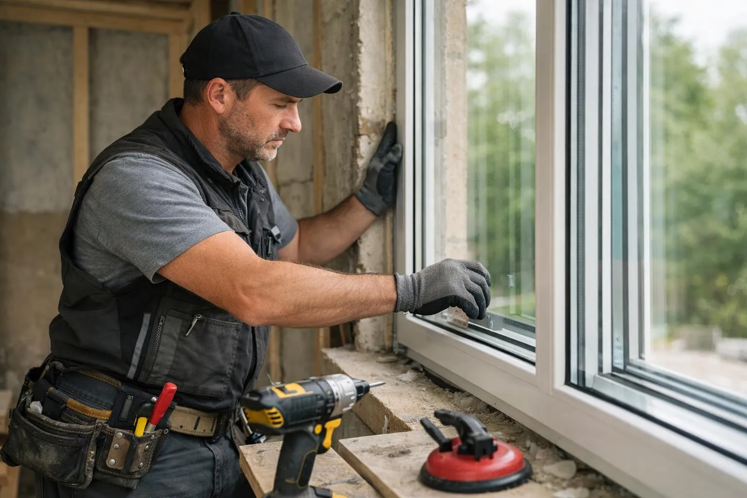 Prix pose fenêtre PVC triple vitrage - Un artisan installe une fenêtre en PVC dans une maison en construction.