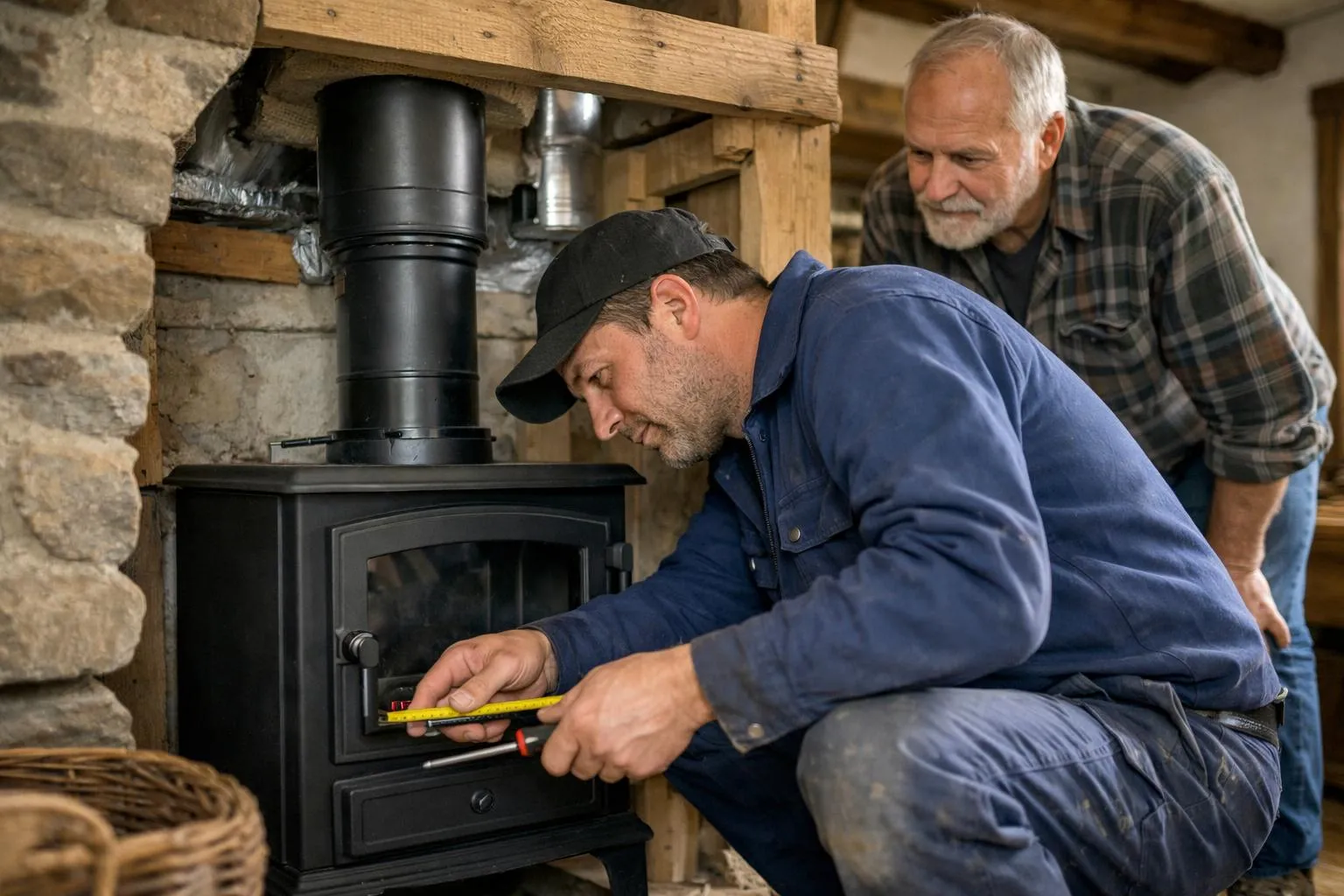 "Installation poêle à bois par un artisan, vue réaliste d'un professionnel au travail"