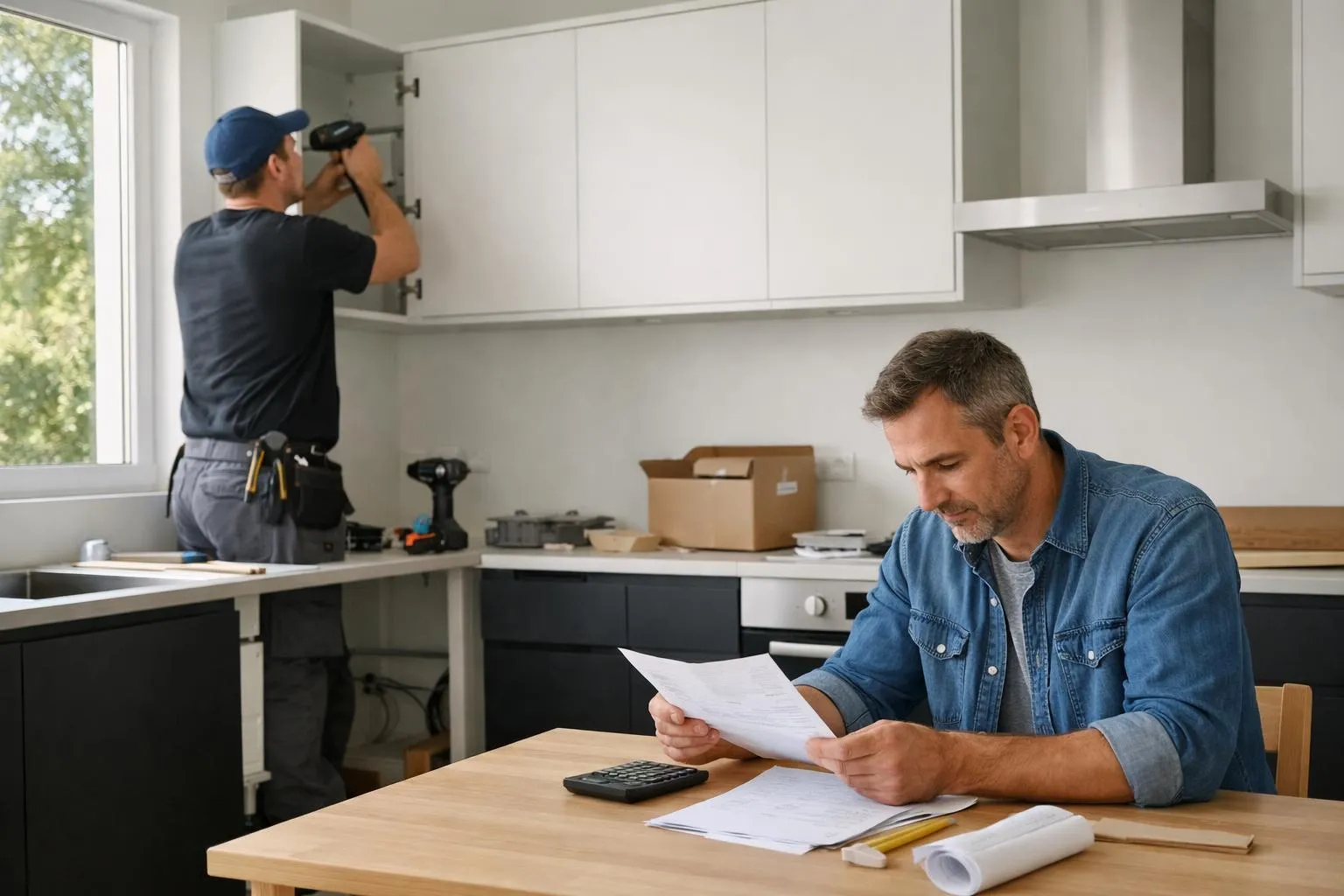 A professional installer assembling modern IKEA kitchen cabinets with visible hardware and tools on kitchen countertop, homeowner reviewing paperwork showing pricing details in background, bright natural lighting through kitchen window, realistic documentary photography style