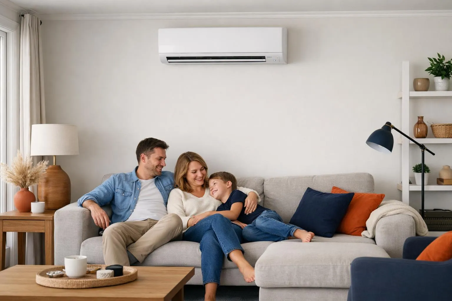 Modern reversible wall-mounted air conditioner unit installed in a bright contemporary French living room with a family relaxing comfortably on a sofa, natural daylight showing the sleek white unit on the wall above, cozy atmosphere demonstrating year-round comfort