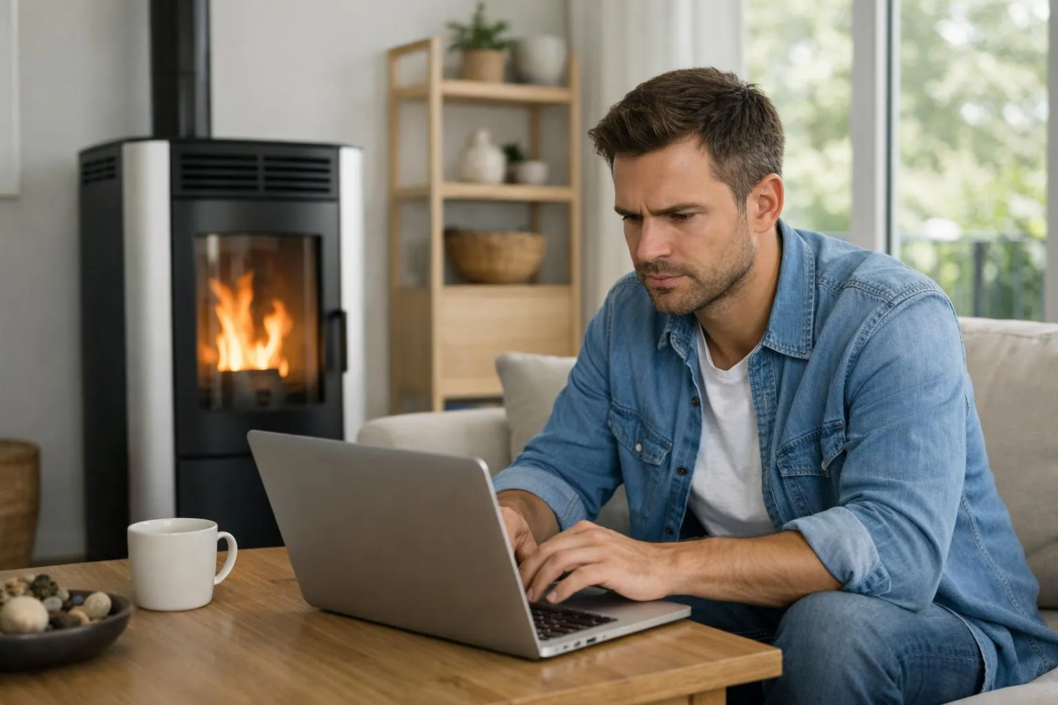 Person comparing reviews on laptop screen while sitting near modern pellet stove in contemporary living room with natural daylight, focused expression showing careful decision-making process for home heating investment