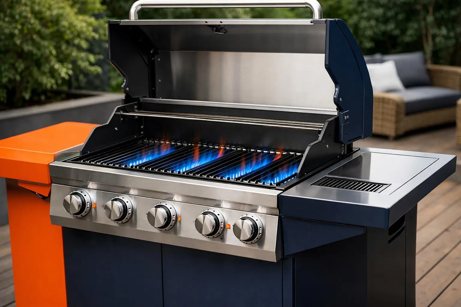 Modern gas barbecue with stainless steel burners igniting instantly on outdoor terrace, blue flames visible through grates, professional cooking setup with temperature controls, realistic product photography