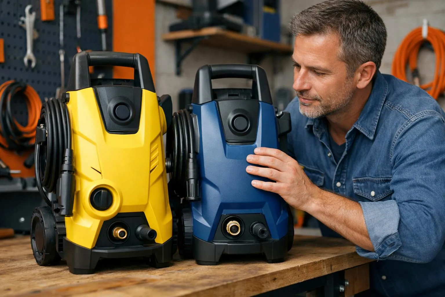 Homeowner in French garage examining two pressure washers side by side on workbench, one yellow branded unit and one blue unit, comparing features, realistic lighting, detailed equipment focus
