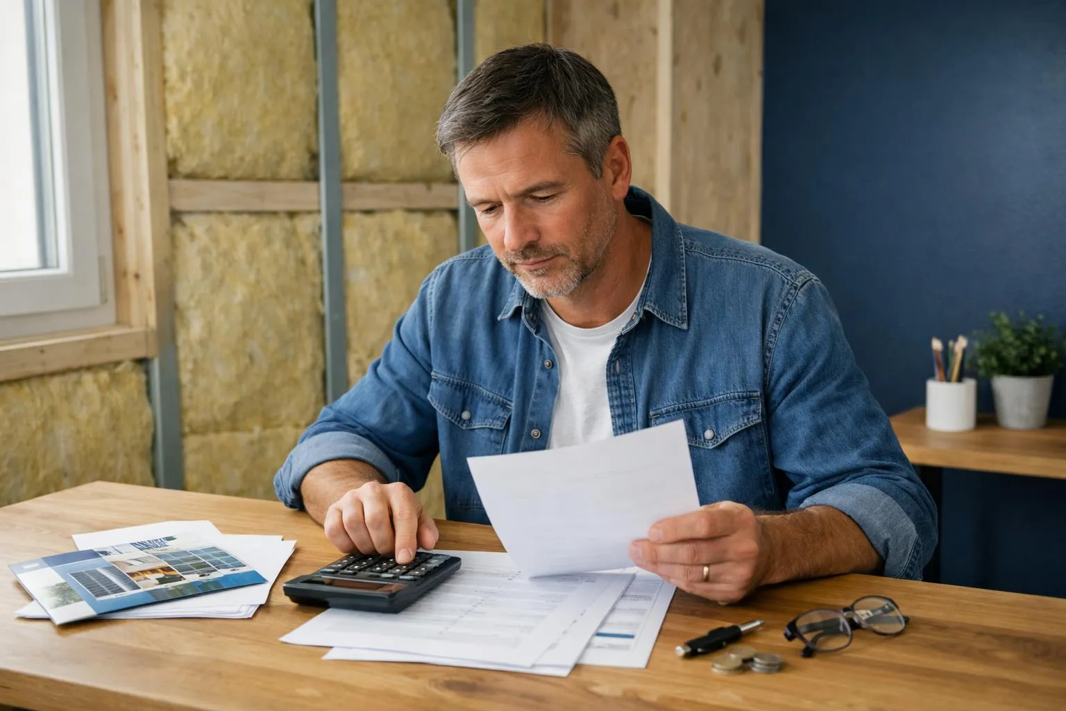 Modern homeowner reviewing energy renovation documents with calculator and financial aid brochures spread on wooden desk, natural lighting from window showing insulated walls in background