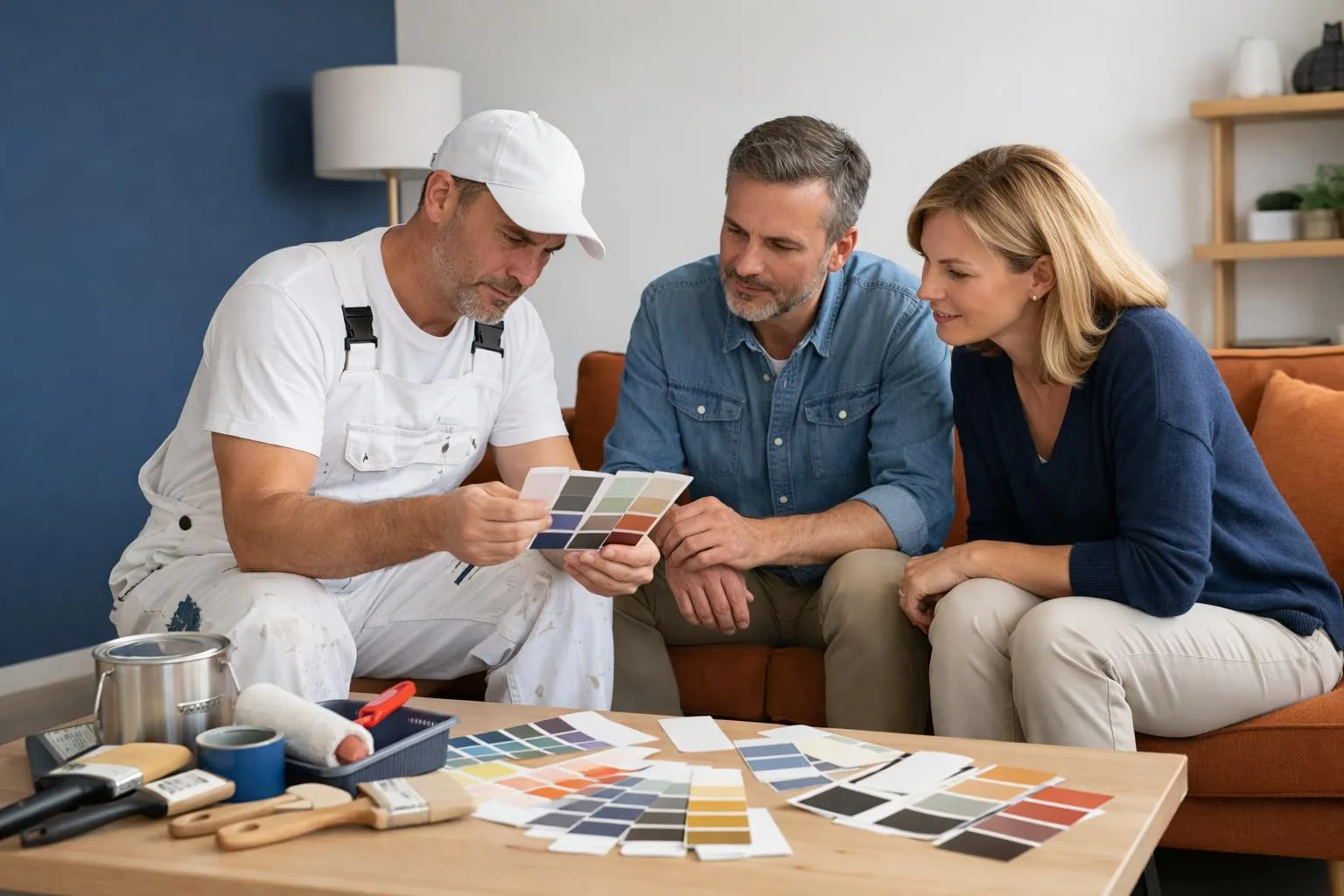 Professional painter in work clothes carefully inspecting paint samples and consulting with homeowners in a bright living room, tools and color charts visible on a table