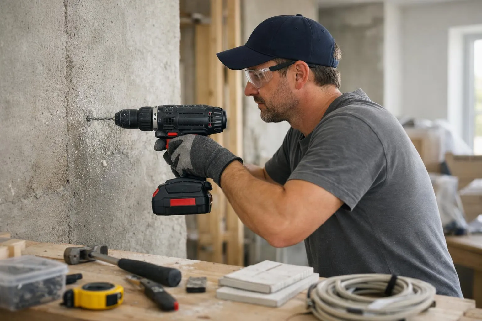 A person using a cordless hammer drill on a concrete wall in a home renovation setting, with tools and materials around, bright natural lighting, realistic home improvement scene showing the drill in action against resistant materials