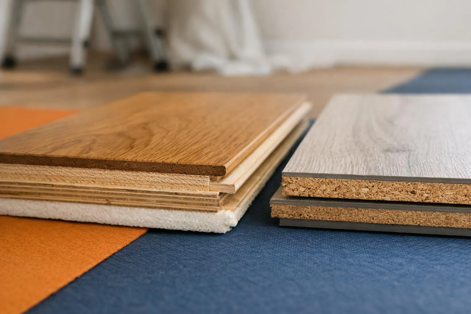 Close-up cross-section of floating parquet flooring layers next to laminate flooring layers, showing the 3.5mm solid wood wear layer on parquet contrasted with the thin photographic print and resin surface of laminate, photographed with soft natural lighting in a home renovation workshop setting