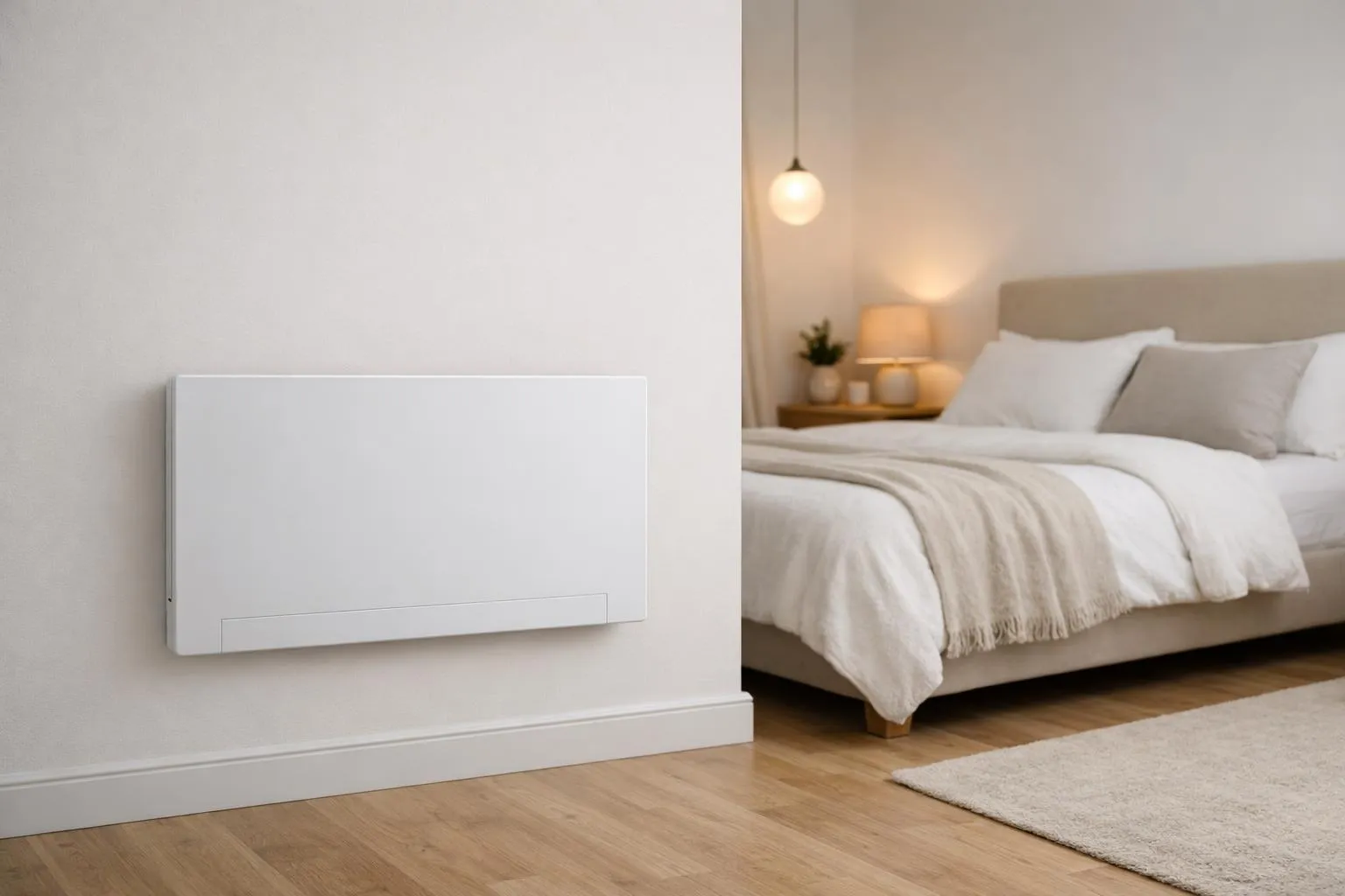 Modern electric radiator mounted on bedroom wall with peaceful sleeping environment, soft ambient lighting, minimalist decor, comfortable bed visible in background, showcasing home heating comfort and bedroom interior design