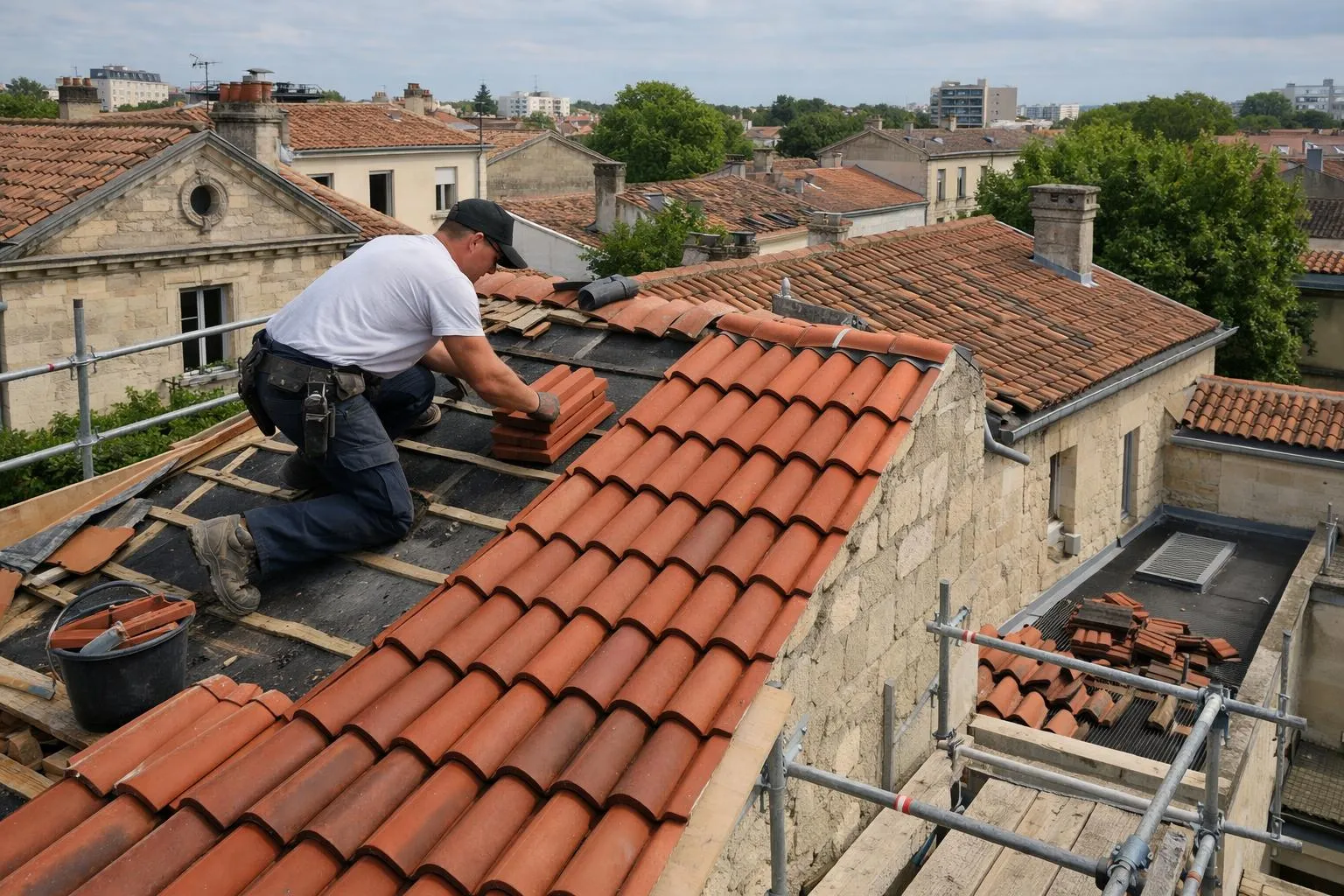 Artisan couvreur en tenue de travail rénovant une toiture traditionnelle bordelaise aux tuiles rouges caractéristiques, vue en plongée montrant l'échelle et la progression du chantier dans un quartier résidentiel typique de Bordeaux
