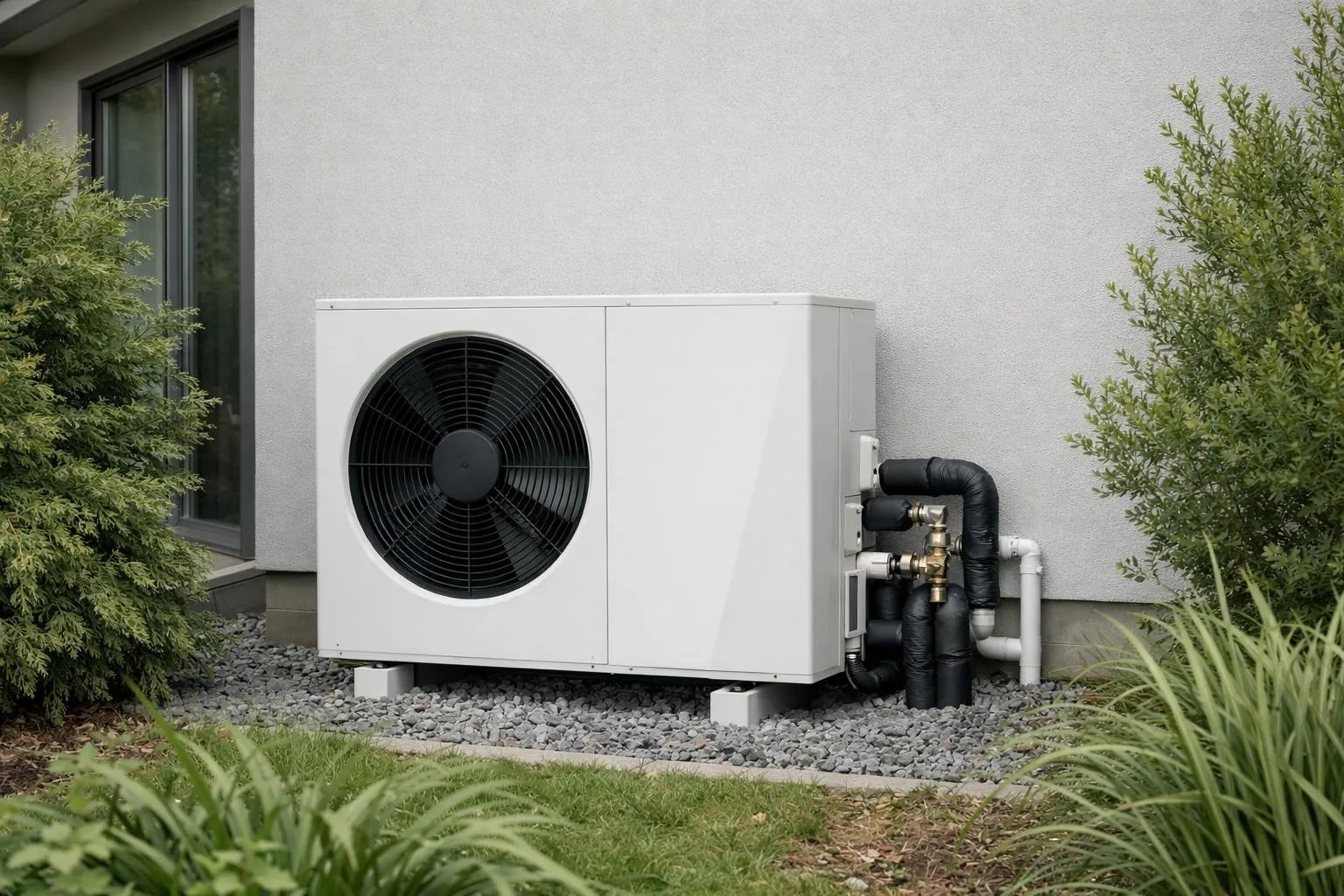 Unité extérieure blanche de pompe à chaleur air-eau installée contre le mur d'une maison moderne, entourée de végétation, avec système de tuyauterie visible reliant l'intérieur, éclairage naturel en journée