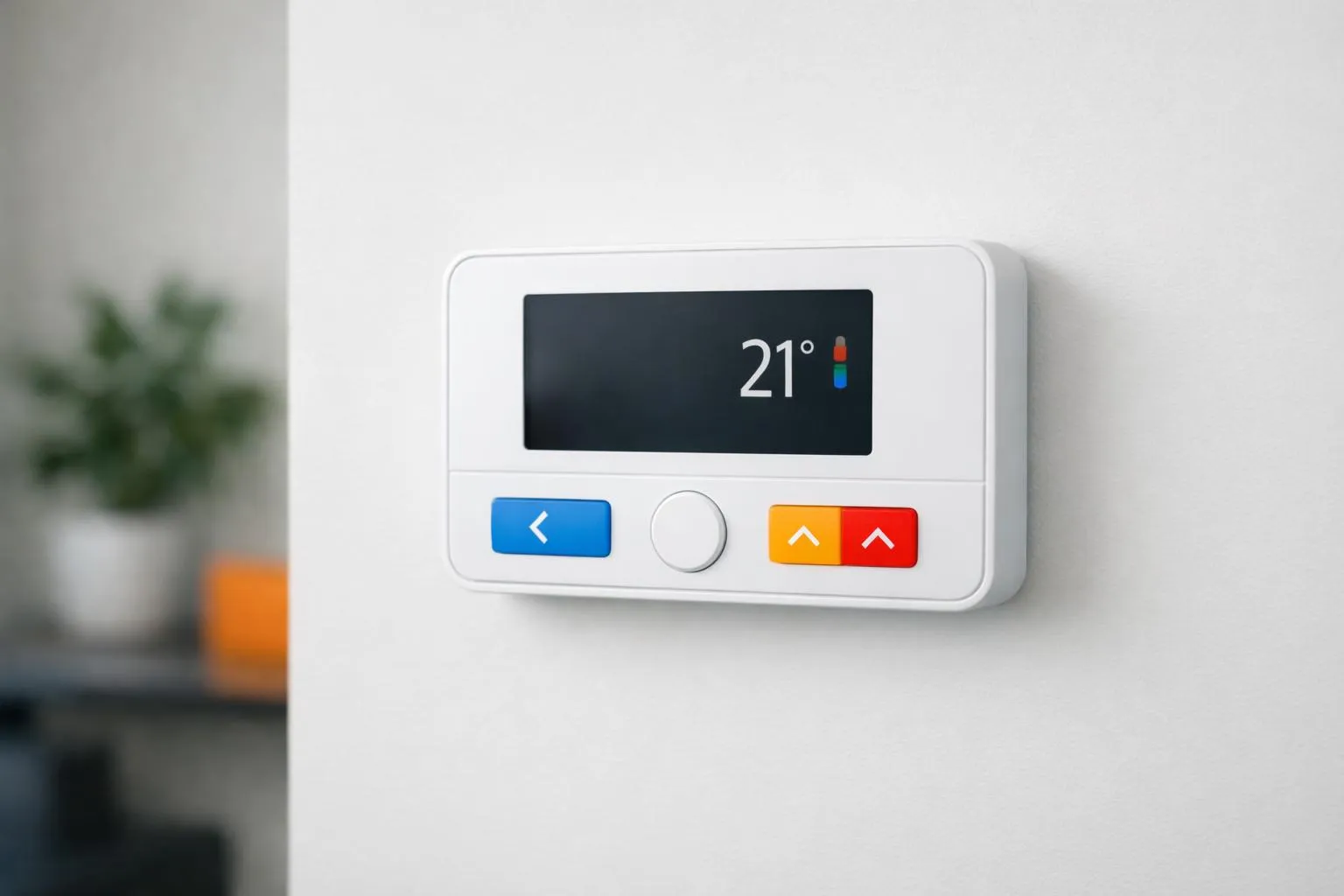 Thermostat numérique blanc avec affichage de la température et boutons de contrôle.