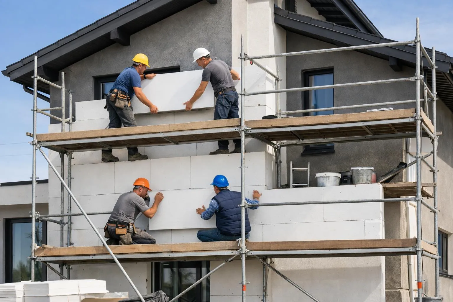 Ouvriers en tenue de chantier installant des panneaux d'isolant rigide blanc sur la façade d'une maison neuve moderne en France, échafaudages métalliques visibles, ciel bleu clair, ambiance professionnelle de construction, scène réaliste de travaux d'isolation extérieure