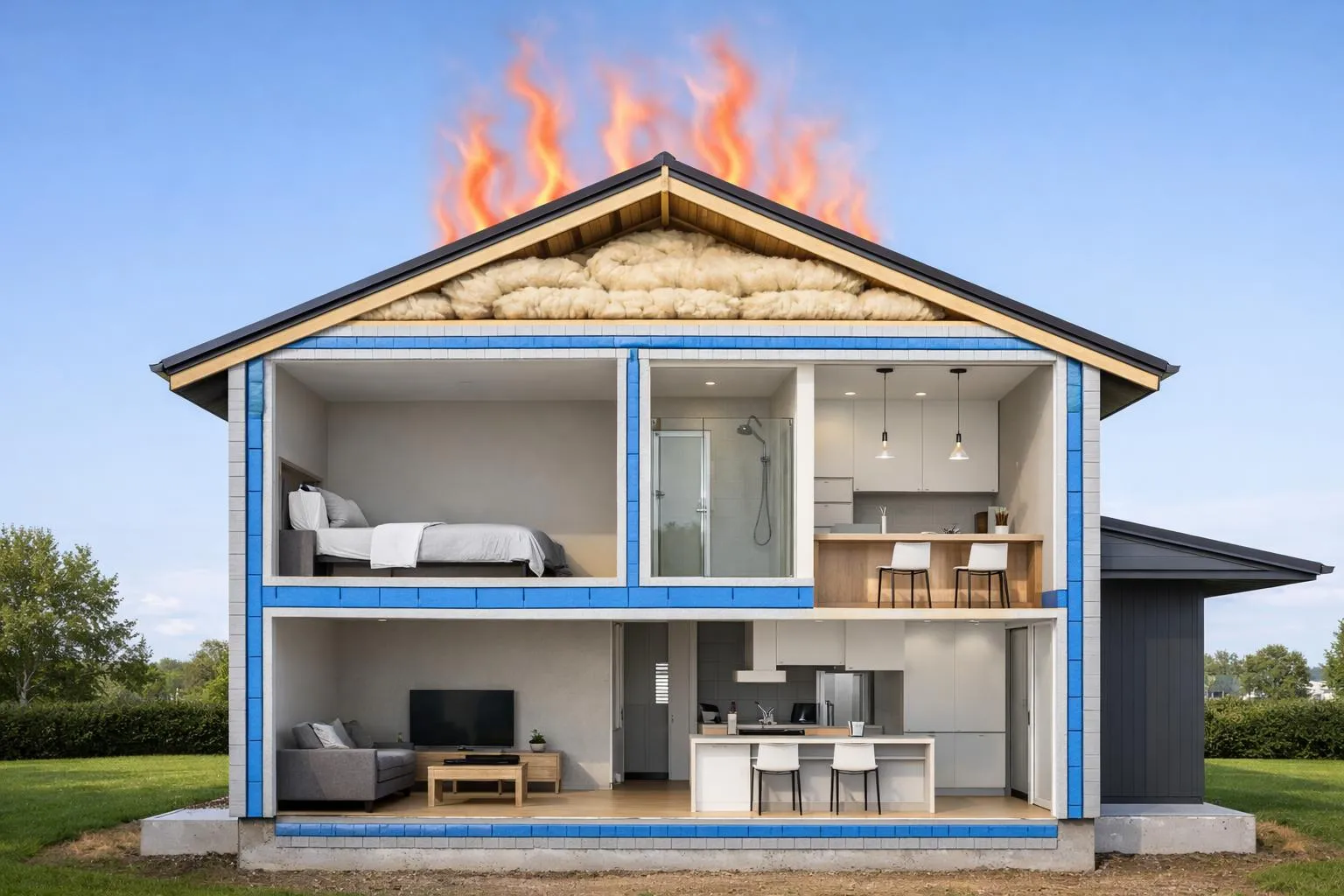 Maison modulaire moderne avec toit en feu, intérieur lumineux et aménagé.