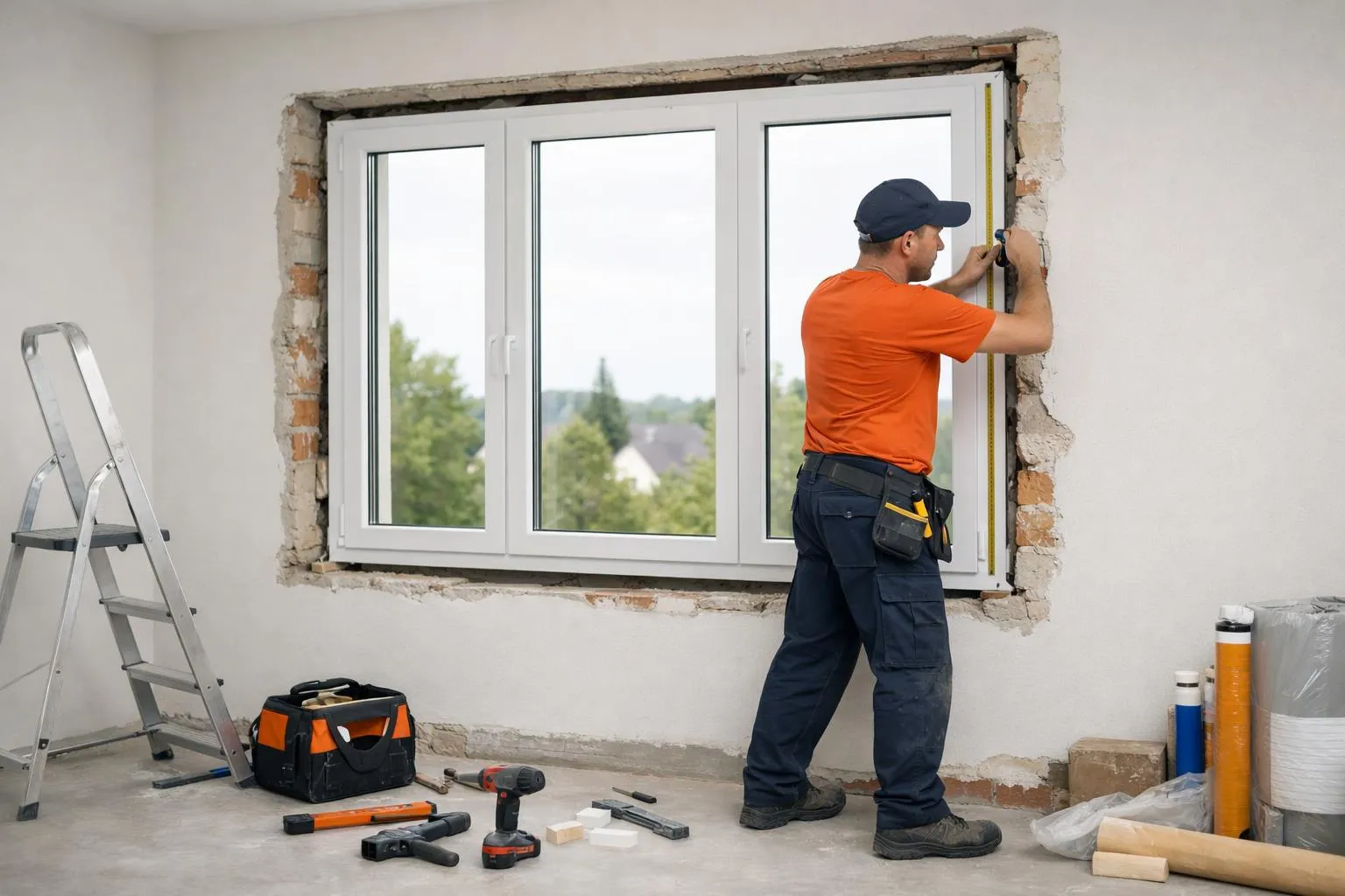 Ouvrier installant une nouvelle fenêtre dans un mur en rénovation.