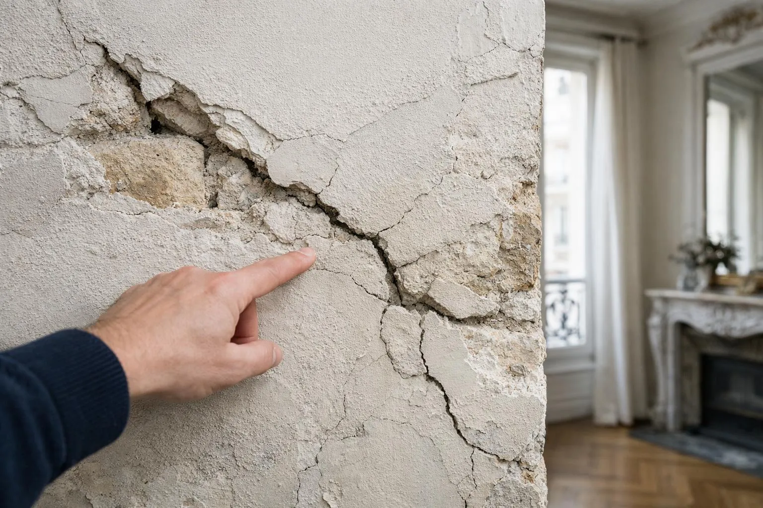 Mur en plâtre craquelé et endommagé dans une pièce intérieure.