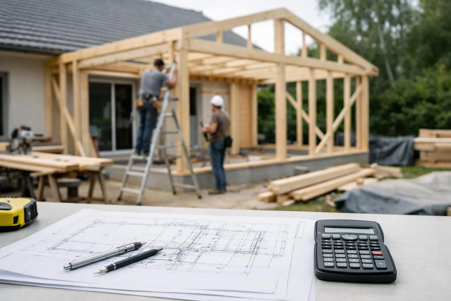 Chantier de construction d'une maison en bois avec plans et outils.