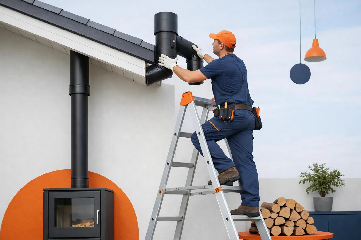 Ouvrier installant un tuyau de ventilation sur le toit d'un bâtiment.
