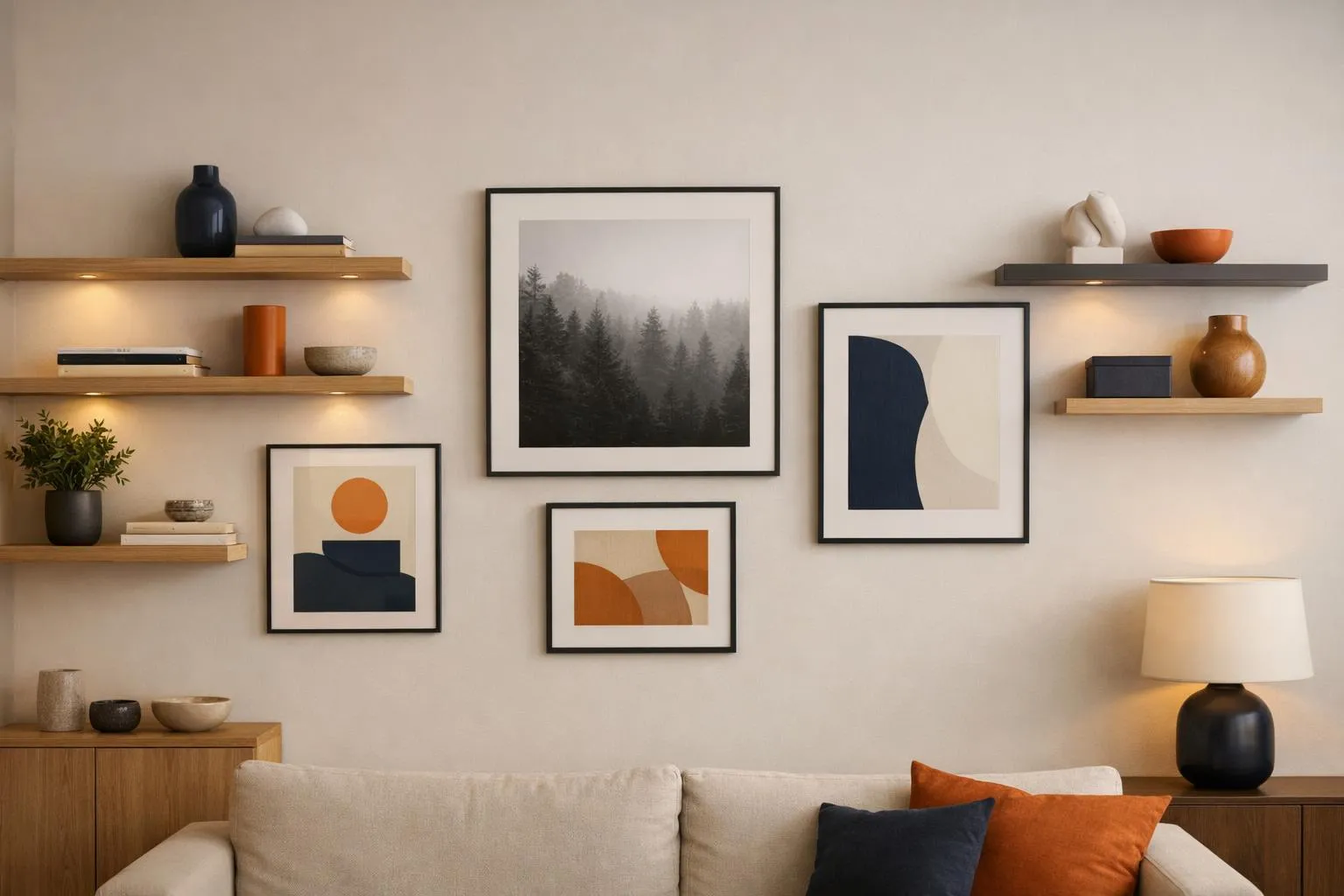 Mur beige avec étagères en bois, cadres abstraits, lampe et coussins.