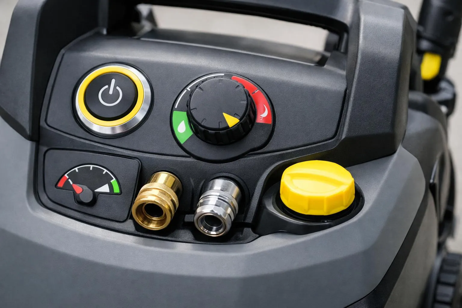 Closeup of a black power tool control panel with various buttons and dials.