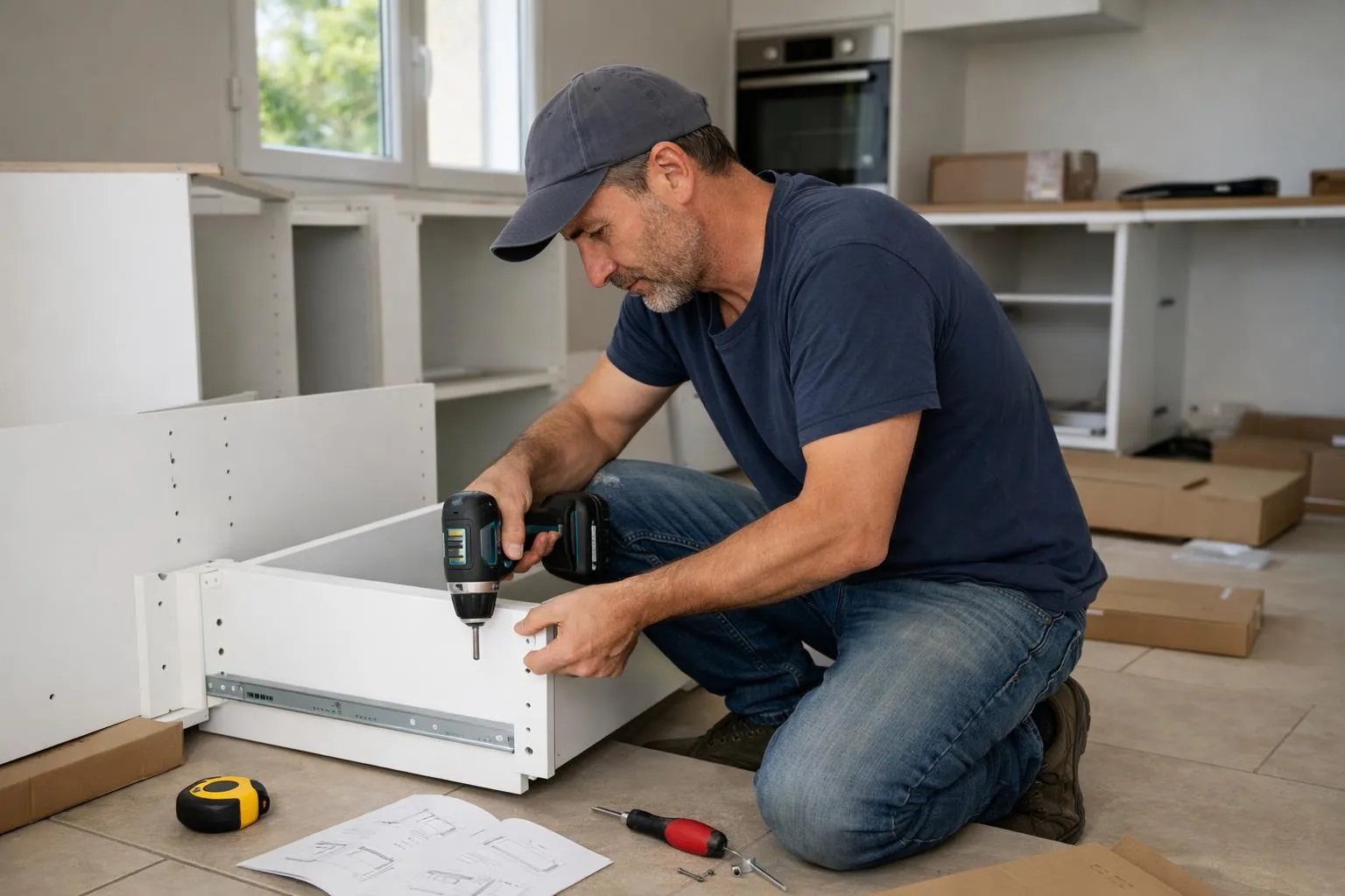 Professional installer assembling IKEA kitchen cabinets in a modern French home, worker wearing casual work clothes using power tools to fix white cabinet doors, measuring tape and assembly instructions visible on counter, bright natural lighting from window, realistic documentary style photograph