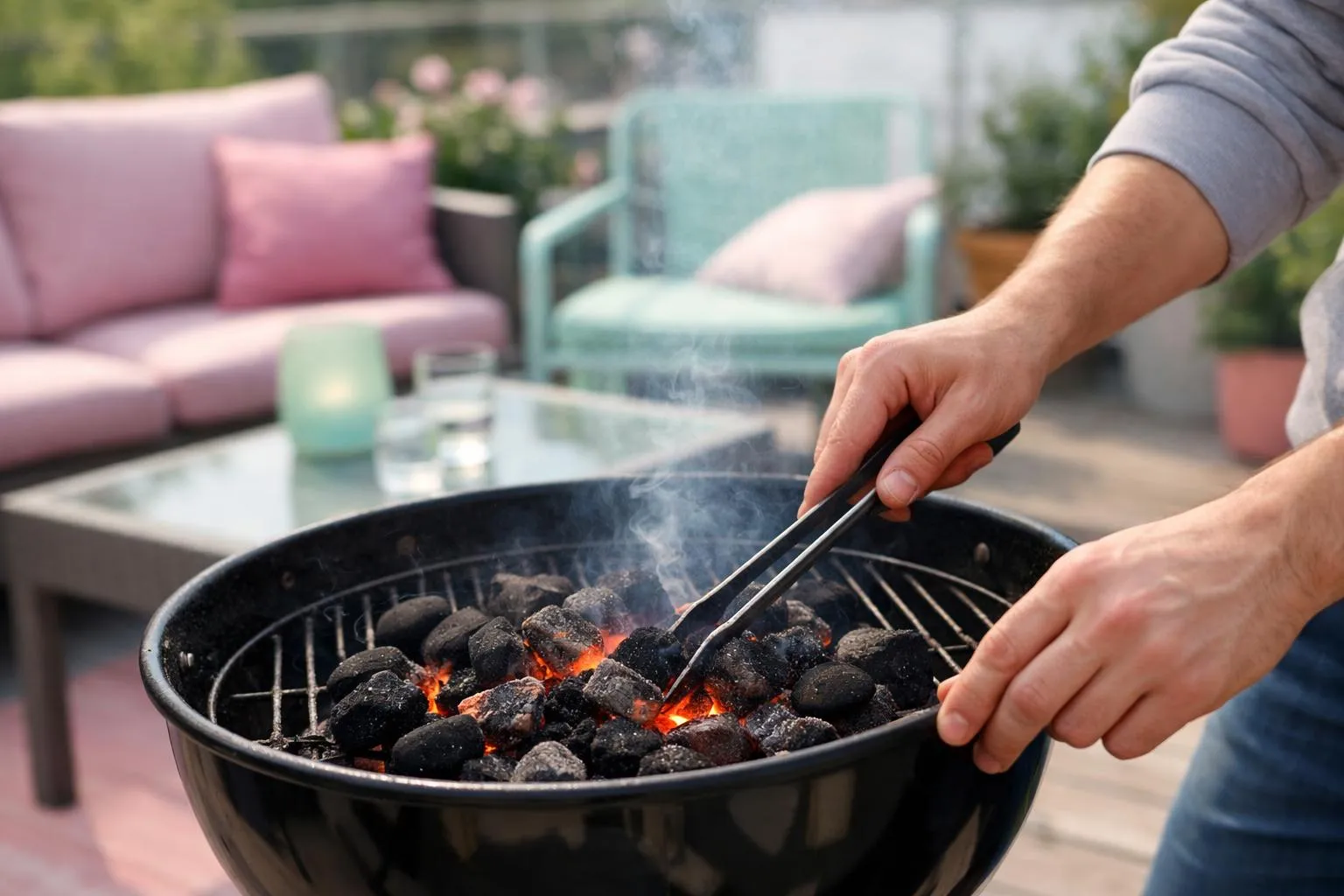 Close-up of a traditional charcoal barbecue with glowing red embers and white ash, smoke rising from burning wood charcoal, outdoor terrace setting with garden furniture in background, natural daylight, realistic photography style showing the authentic grilling preparation ritual