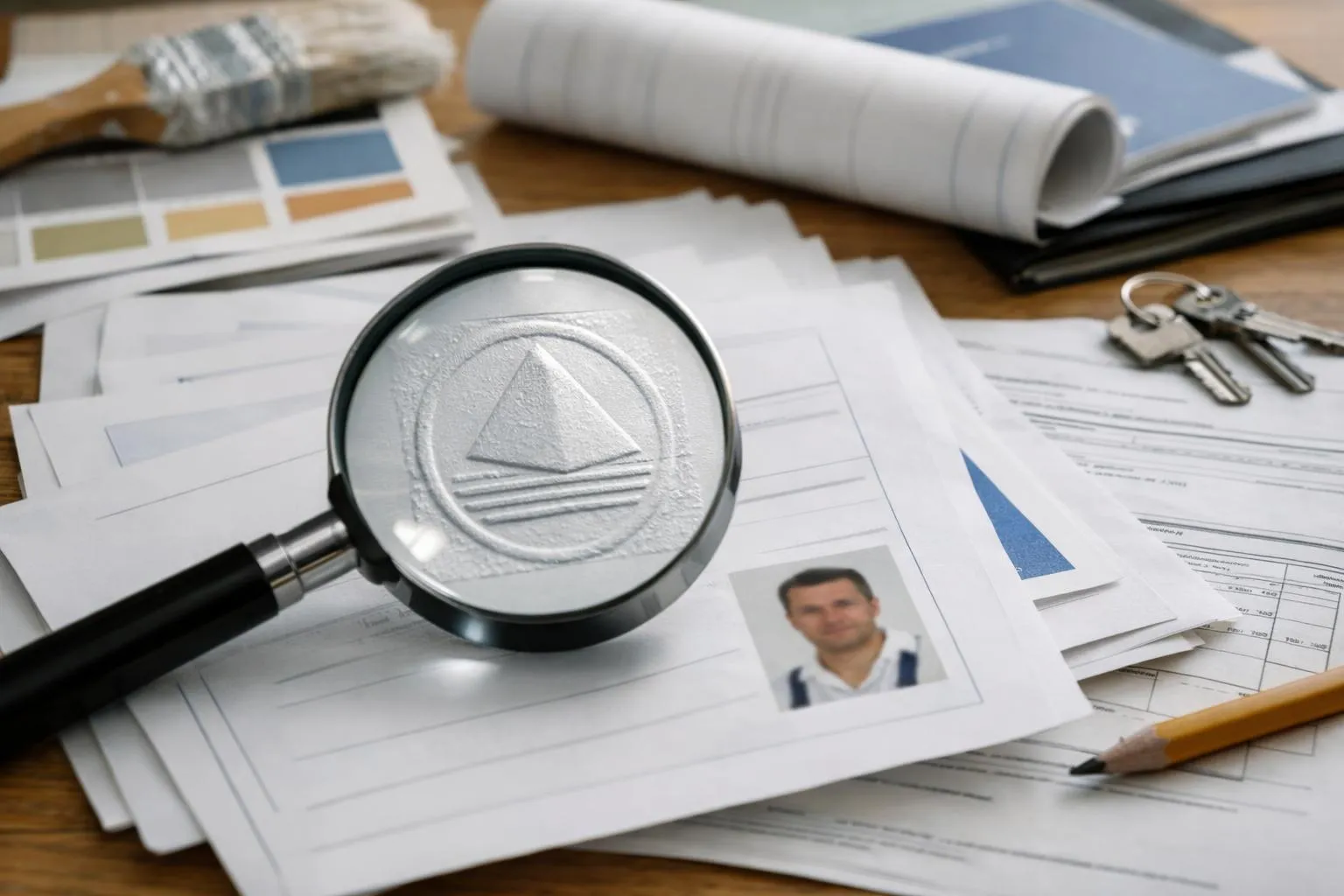 Closeup of professional painter certification documents spread on wooden desk with magnifying glass examining Qualibat label stamp, registration papers visible, natural office lighting, realistic documentary photography style for article about comment bien choisir son artisan peintre