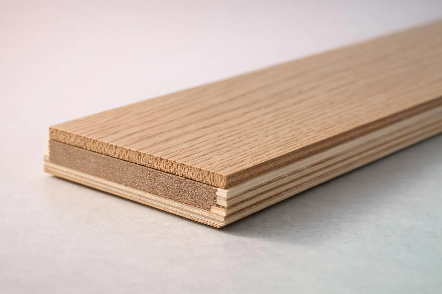 Detailed close-up photograph of engineered hardwood flooring plank showing the three-layer construction: top wear layer of natural oak with rich grain patterns, middle HDF core layer, and bottom balancing veneer, cut in cross-section and displayed at an angle on a neutral surface with soft directional lighting emphasizing texture and depth