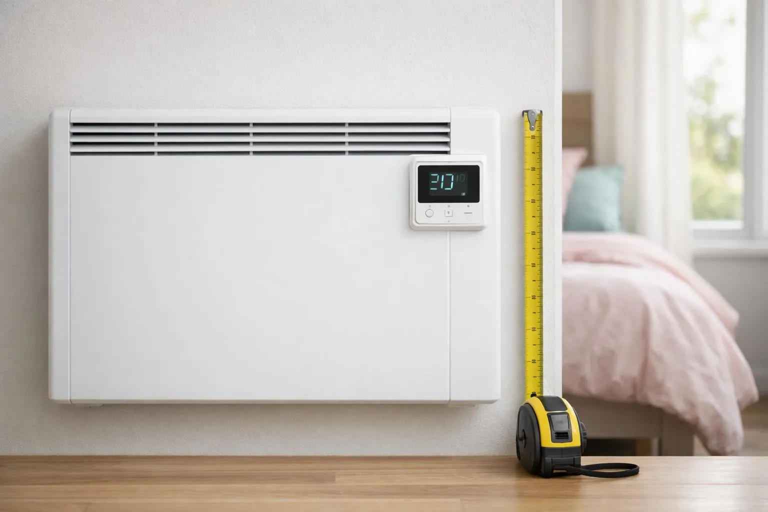 Close-up view of a modern white electric radiator mounted on a bedroom wall with a digital thermostat display showing temperature settings, tape measure alongside showing dimensions, natural morning light coming through window in background, realistic home interior