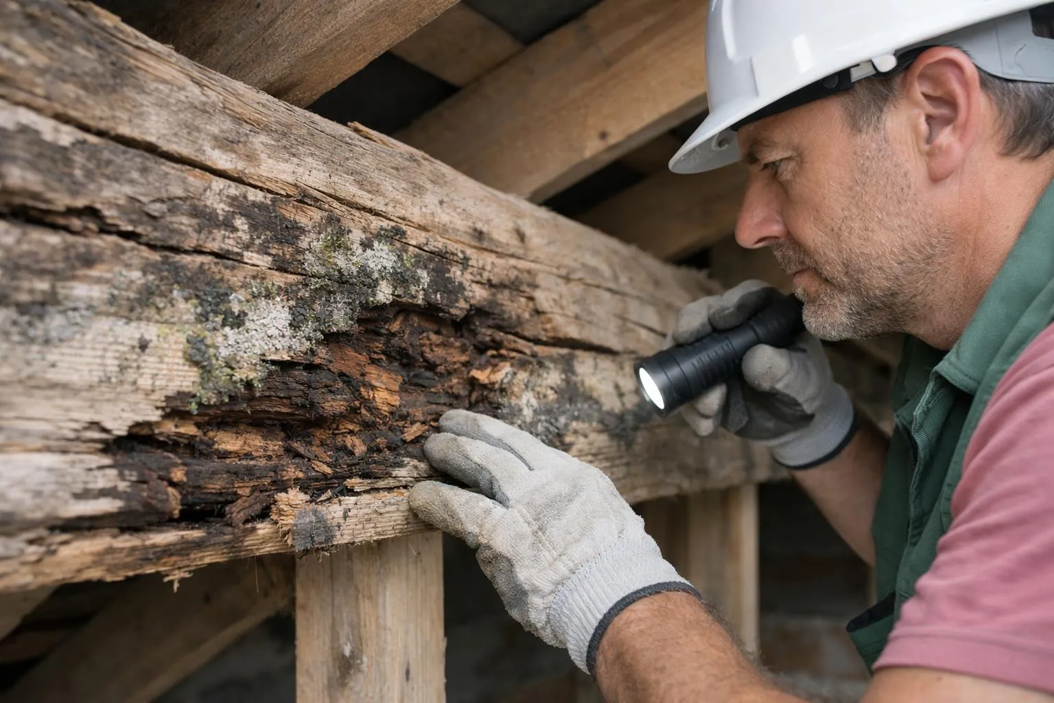 Homme inspecte attentivement une structure en bois endommagée.
