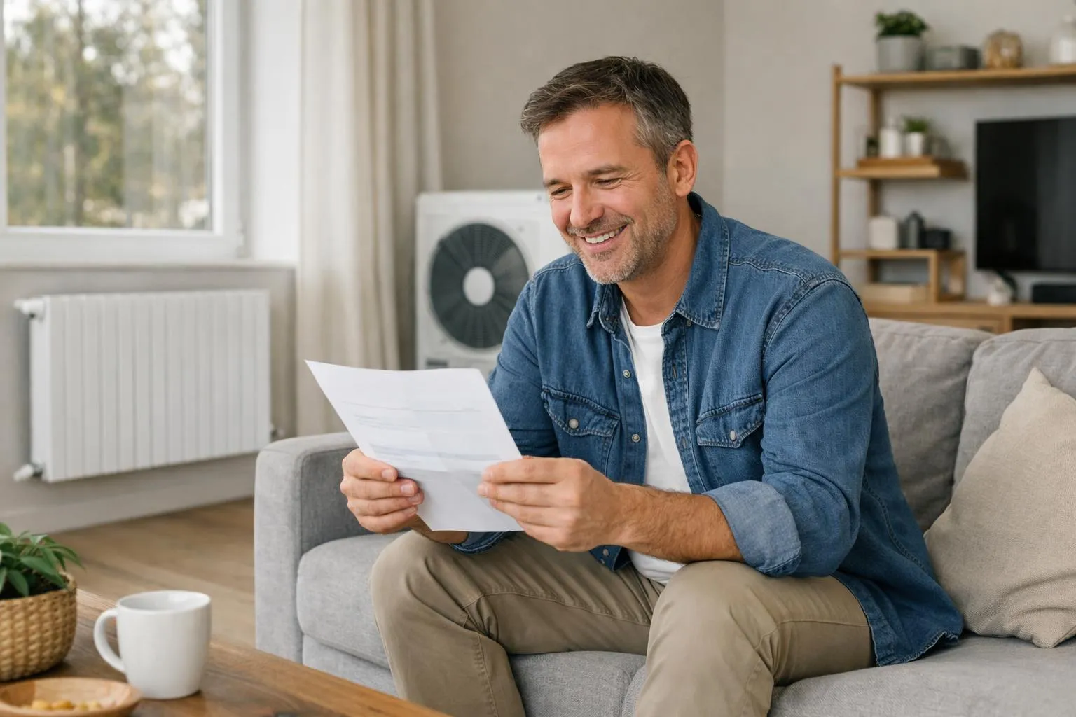 Propriétaire français satisfait consultant sa facture énergétique réduite dans un salon confortable avec radiateurs modernes alimentés par une pompe à chaleur air-eau, illustration d'économies d'énergie concrètes dans un intérieur chaleureux et contemporain