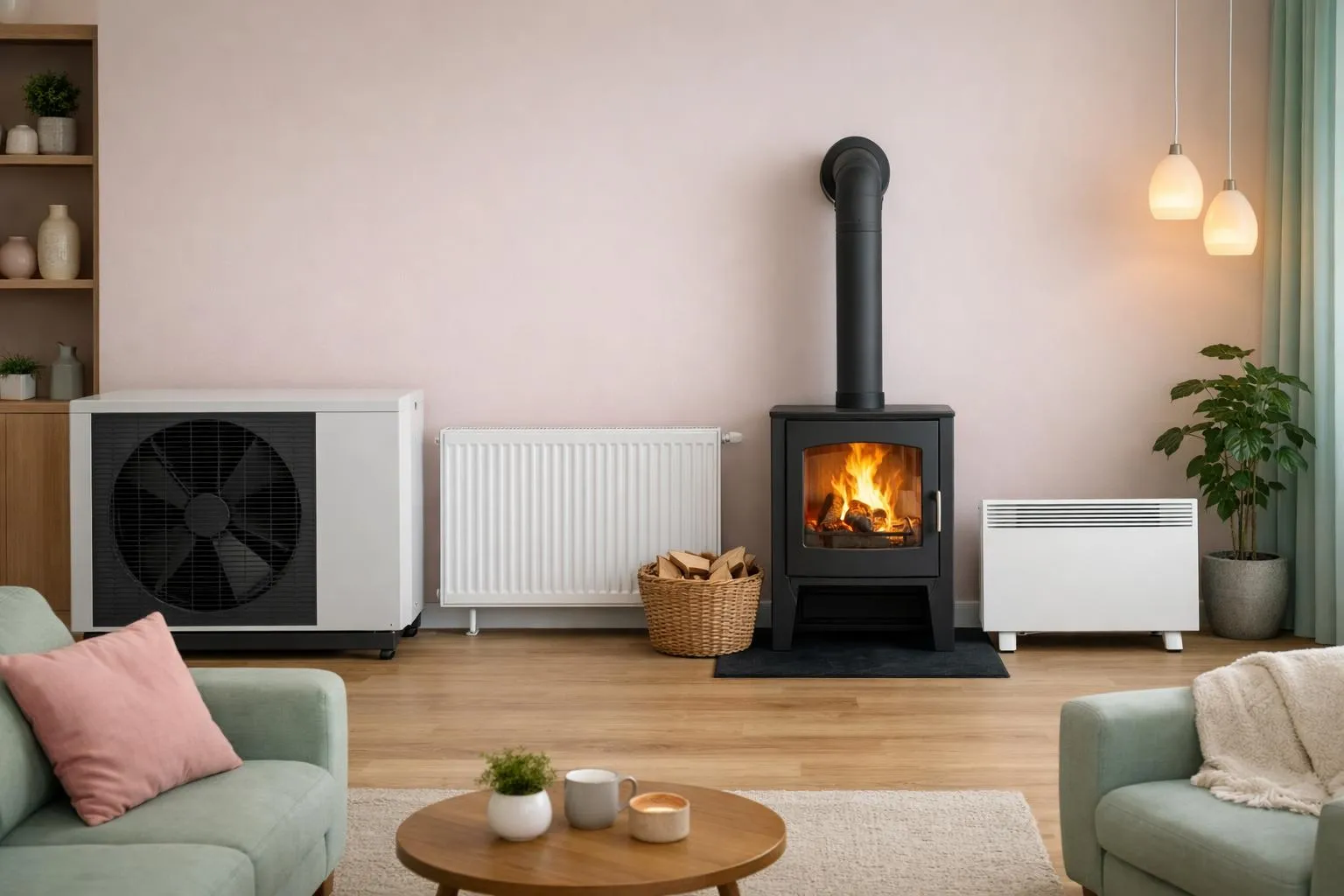 Modern French living room interior showcasing multiple heating systems side by side: wall-mounted heat pump unit, traditional radiator, wood-burning stove with visible flames, and convector heater, warm ambient lighting, cozy residential atmosphere without any text or labels