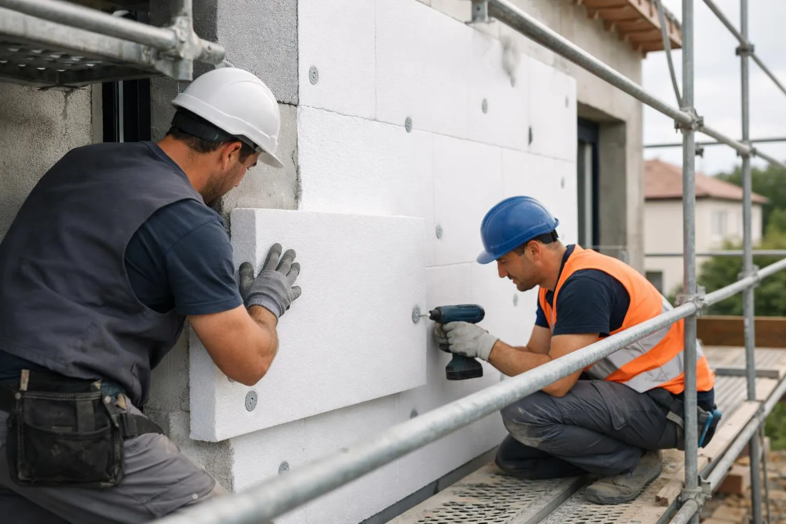Close-up of construction workers installing exterior insulation panels on a new house facade in France, showing polystyrene boards being fitted to bare walls with scaffolding visible, construction site setting with natural daylight, no text or signage visible