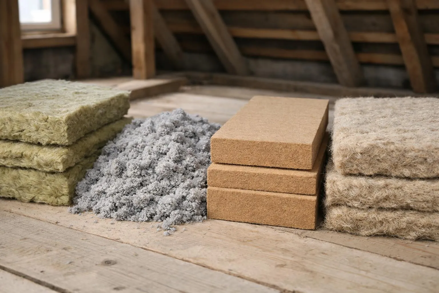 Matériaux de construction en bois, laine et liège dans un grenier.