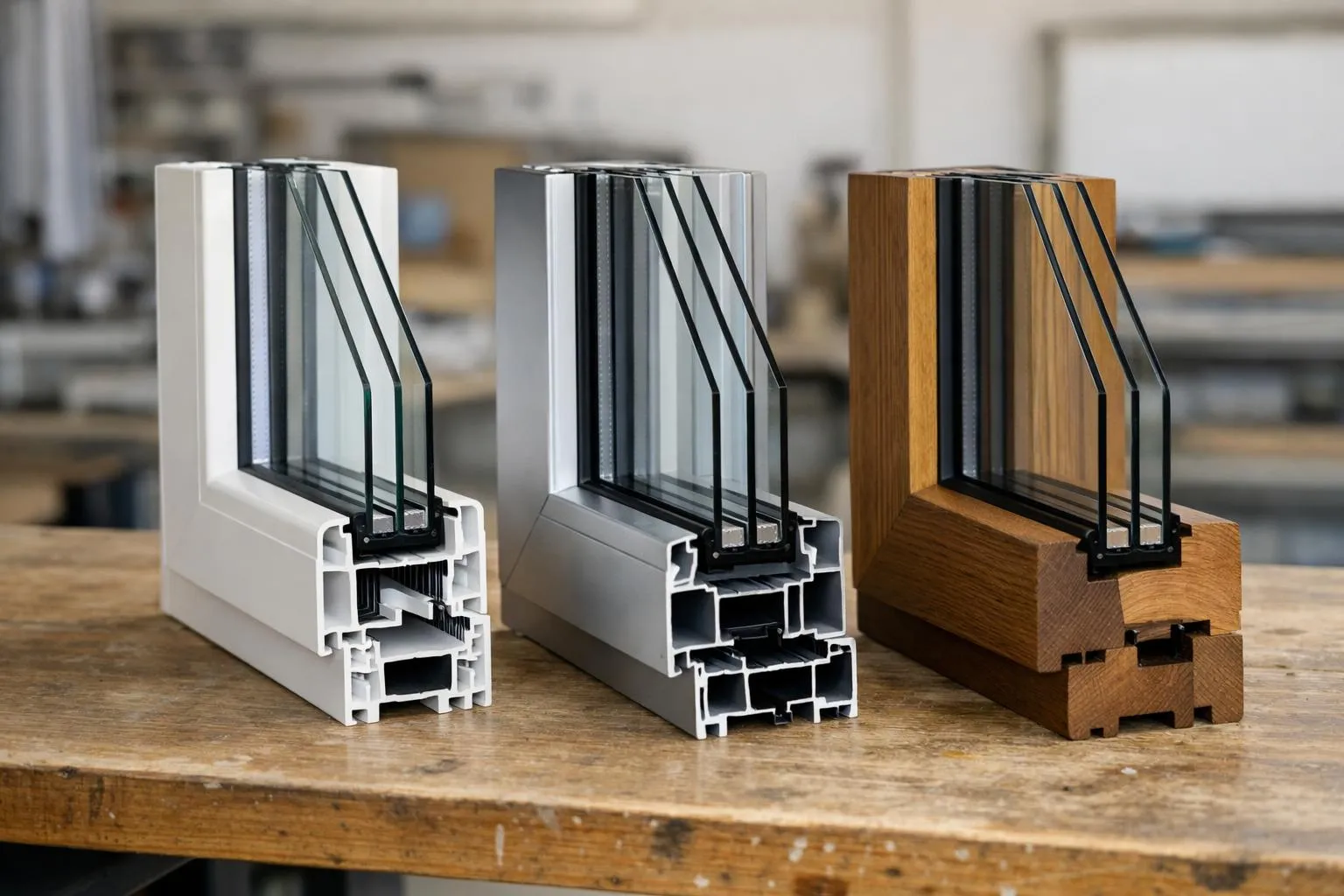 Échantillons de fenêtres en plastique, en métal et en bois.