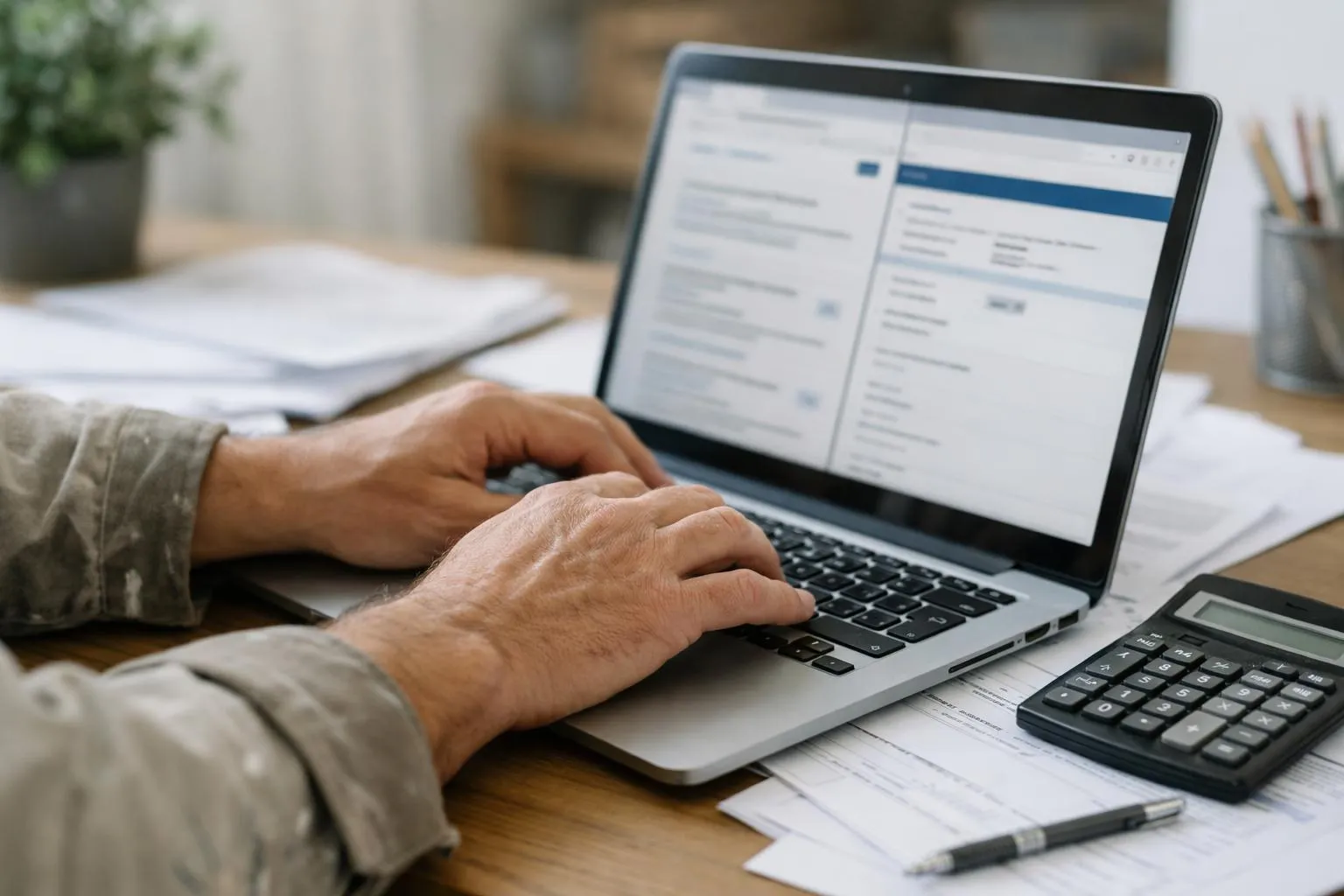 Homme travaillant sur un ordinateur portable avec des documents et une calculatrice.