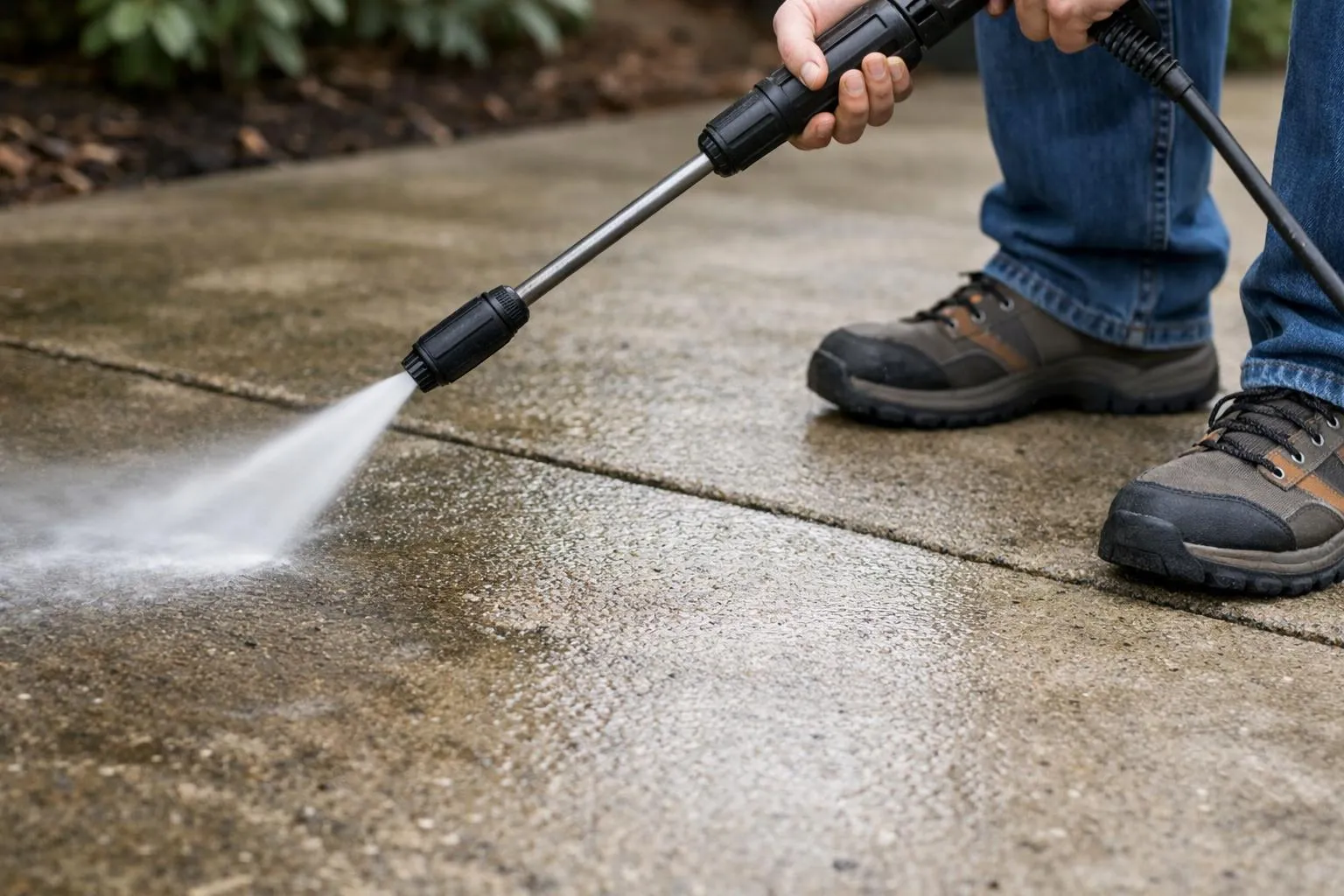 Homme utilisant un nettoyeur haute pression pour nettoyer un chemin en béton.